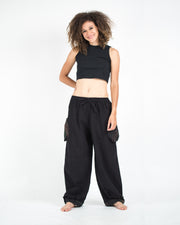 Thai Cotton Women Drawstring Pants With Hill Tribe Trim Black