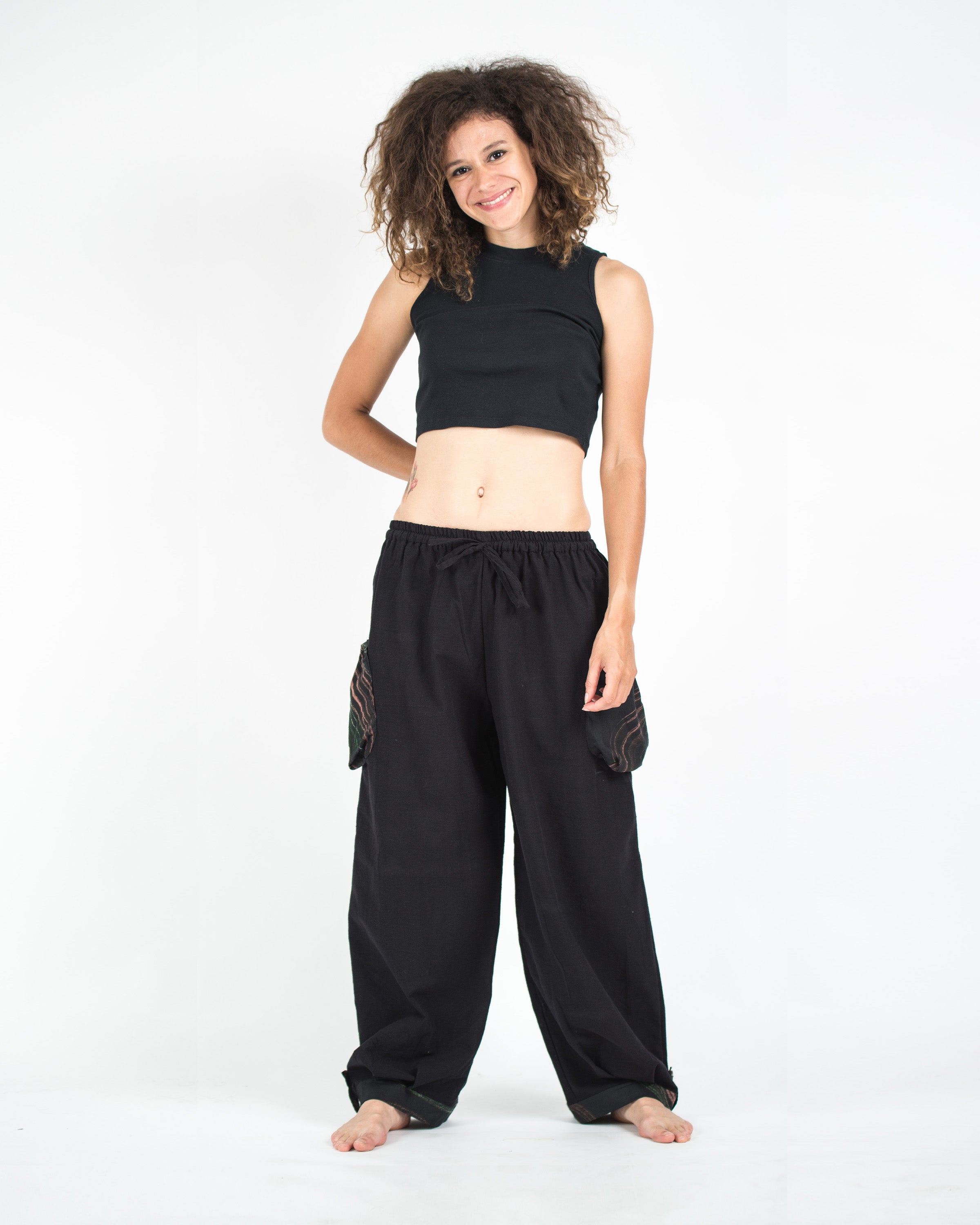 Thai Cotton Women Drawstring Pants With Hill Tribe Trim Black