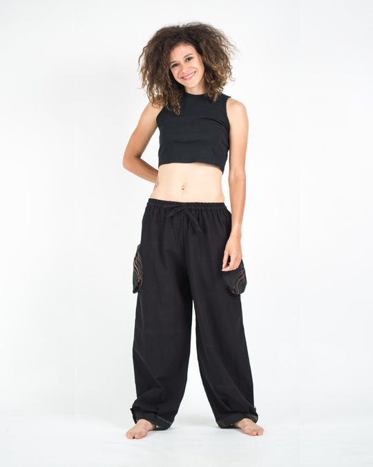 Thai Cotton Women Drawstring Pants With Hill Tribe Trim Black