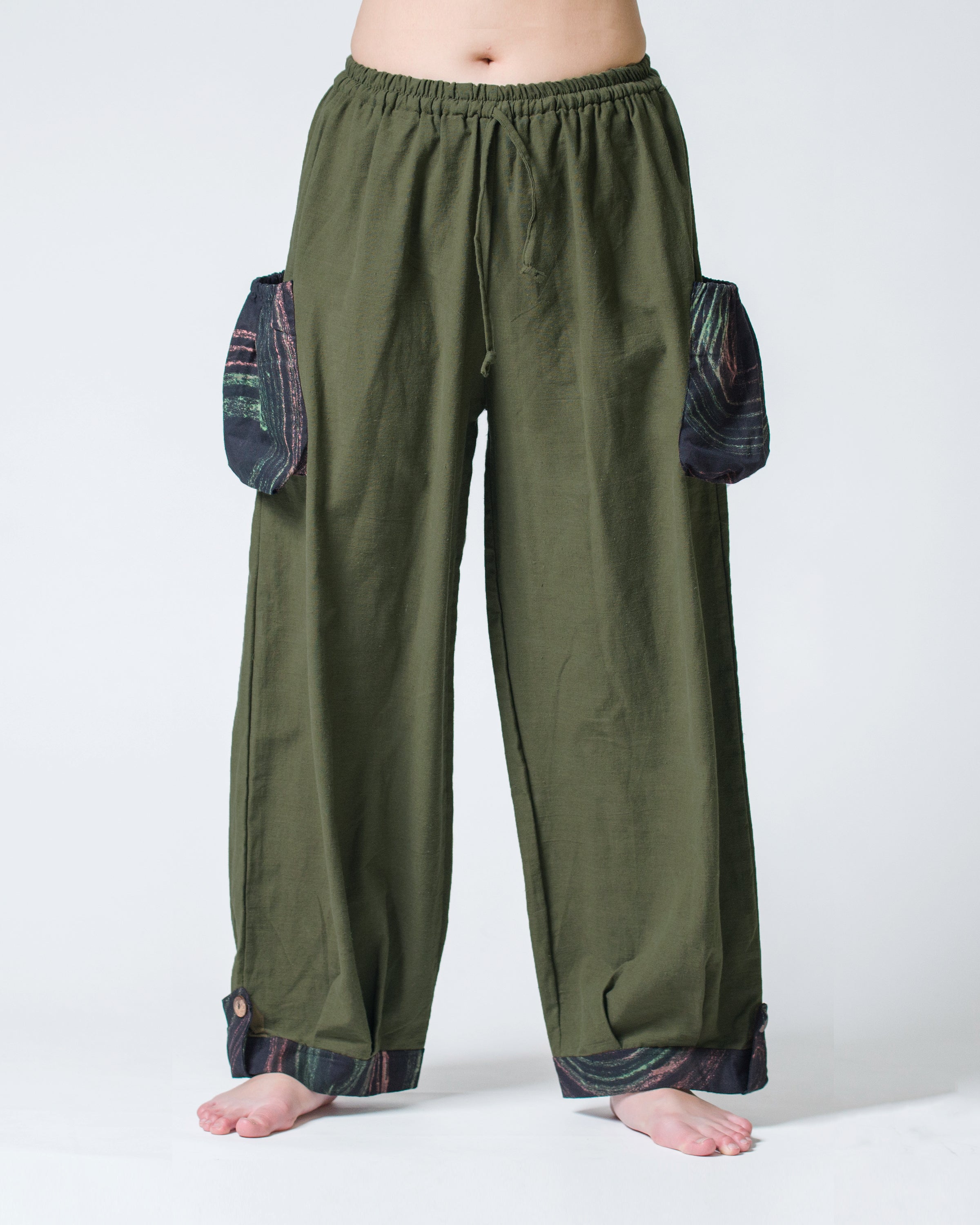 Thai Cotton Women Drawstring Pants With Hill Tribe Trim Olive
