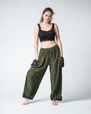 Thai Cotton Women Drawstring Pants With Hill Tribe Trim Olive