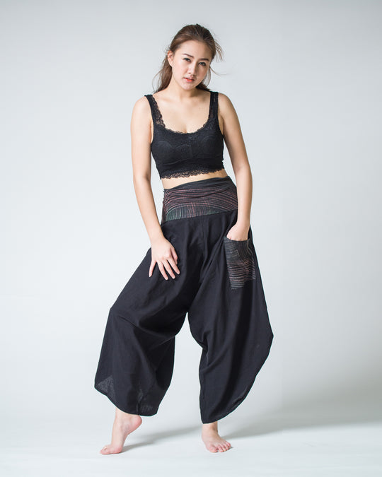 Women's Thai Button Up Cotton Pants with Hill Tribe Trim Black