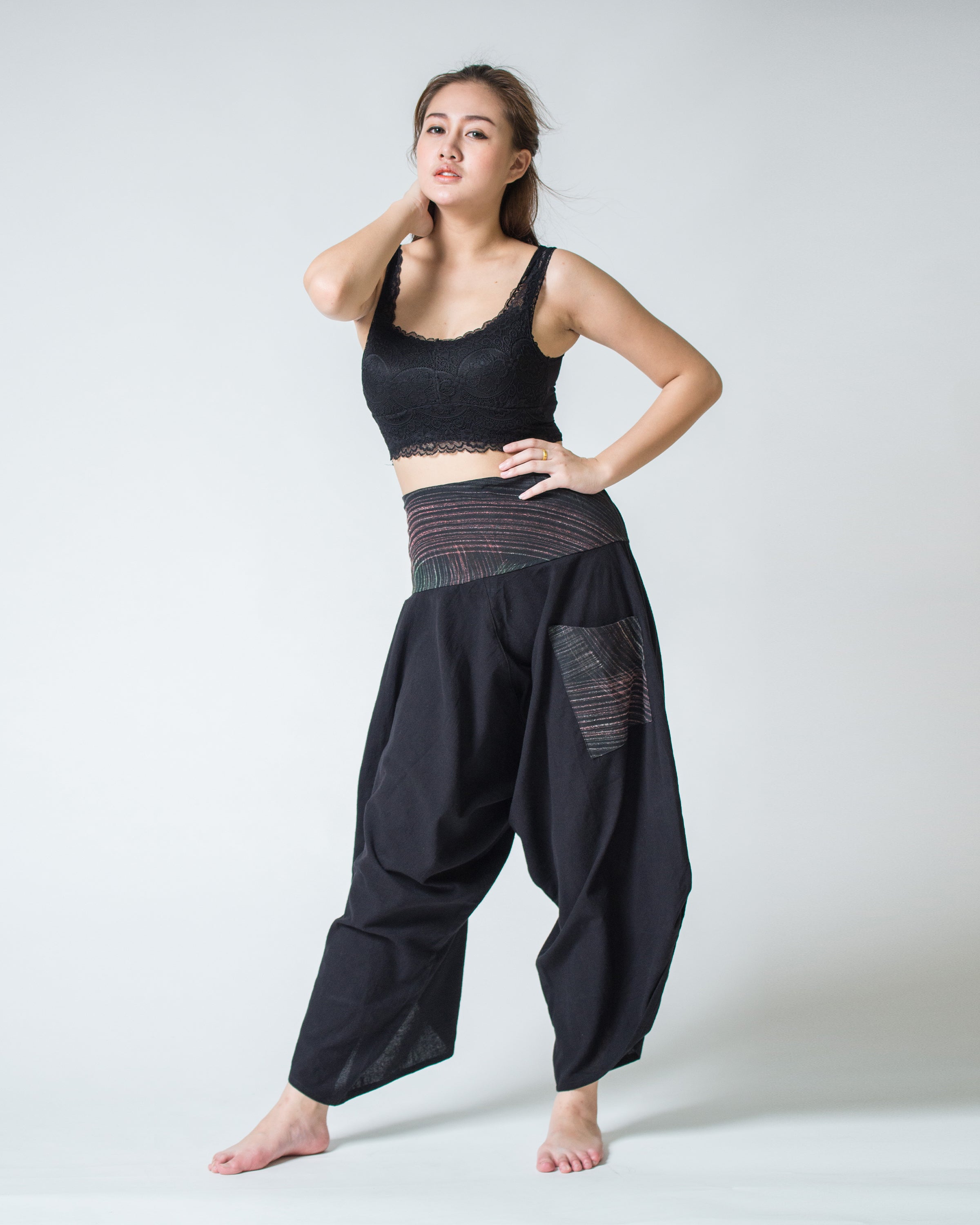 Women's Thai Button Up Cotton Pants with Hill Tribe Trim Black