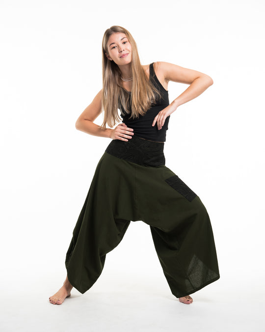 Women's Thai Button Up Cotton Pants with Hill Tribe Trim Dark Green