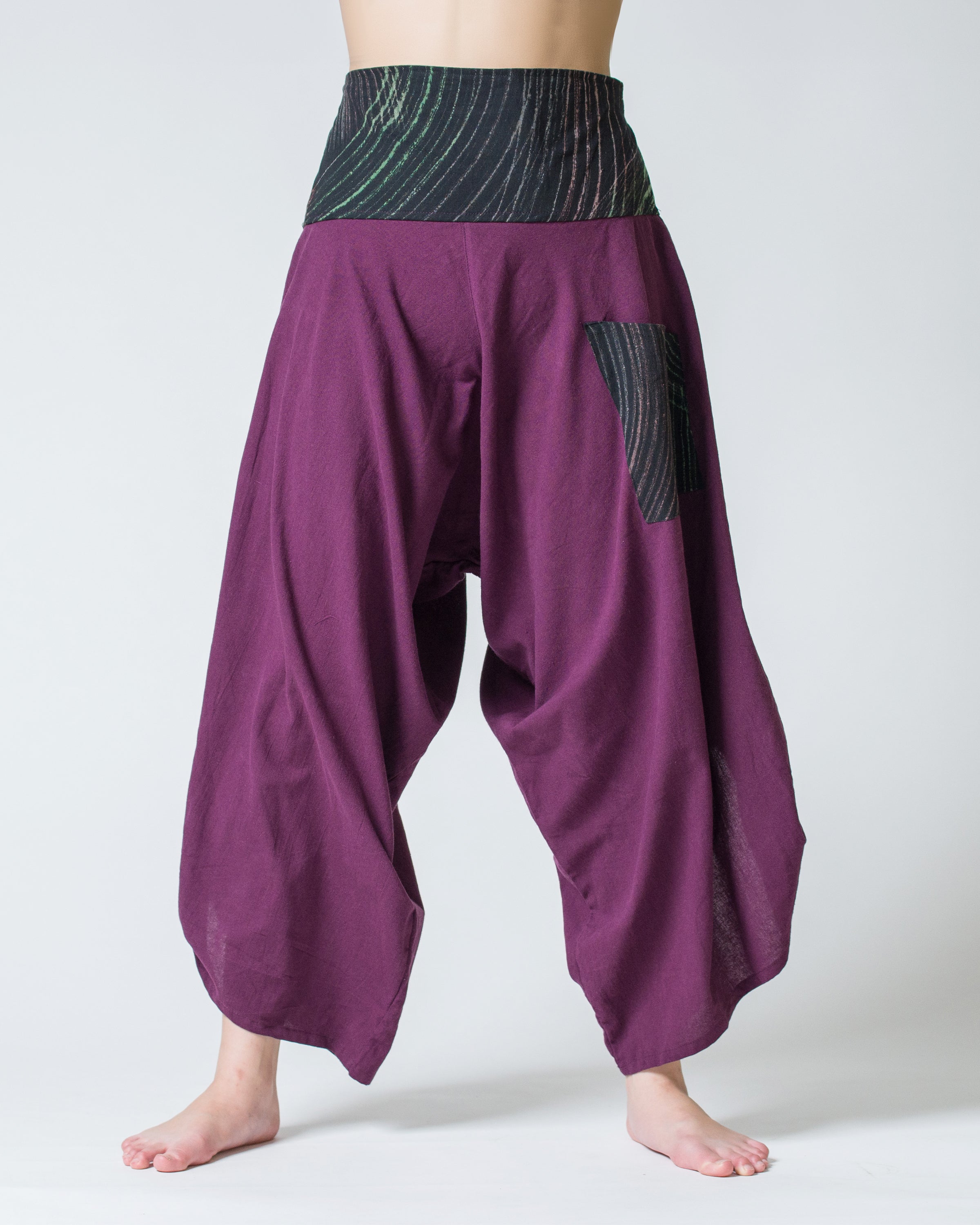 Women's Thai Button Up Cotton Pants with Hill Tribe Trim Purple