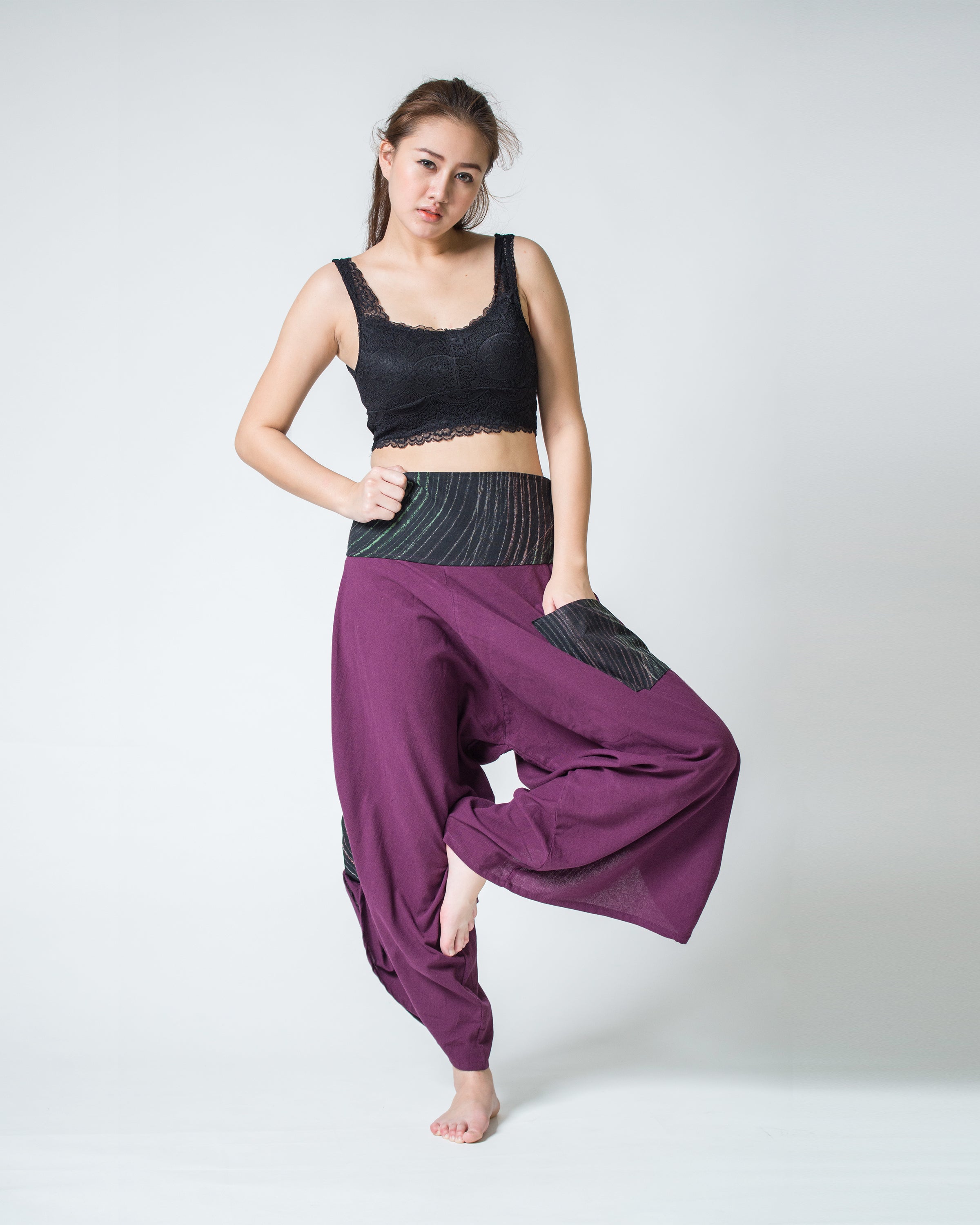 Women's Thai Button Up Cotton Pants with Hill Tribe Trim Purple