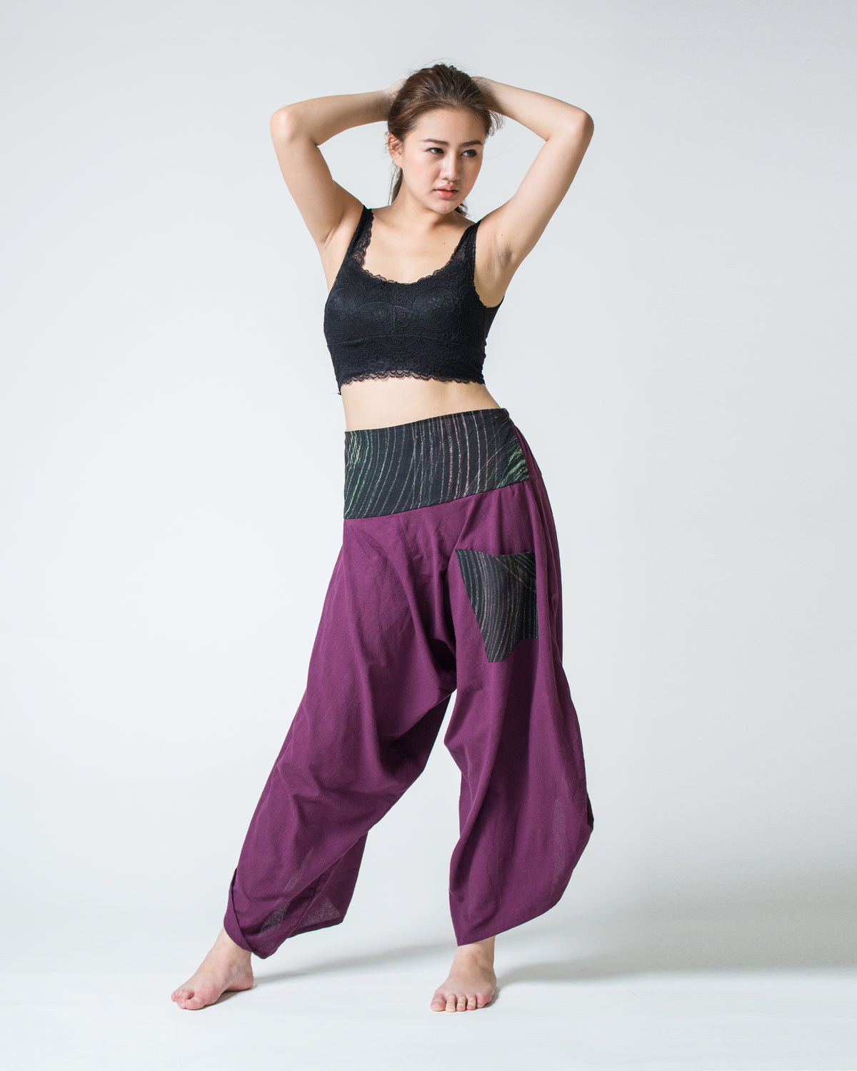 Women's Thai Button Up Cotton Pants with Hill Tribe Trim Purple