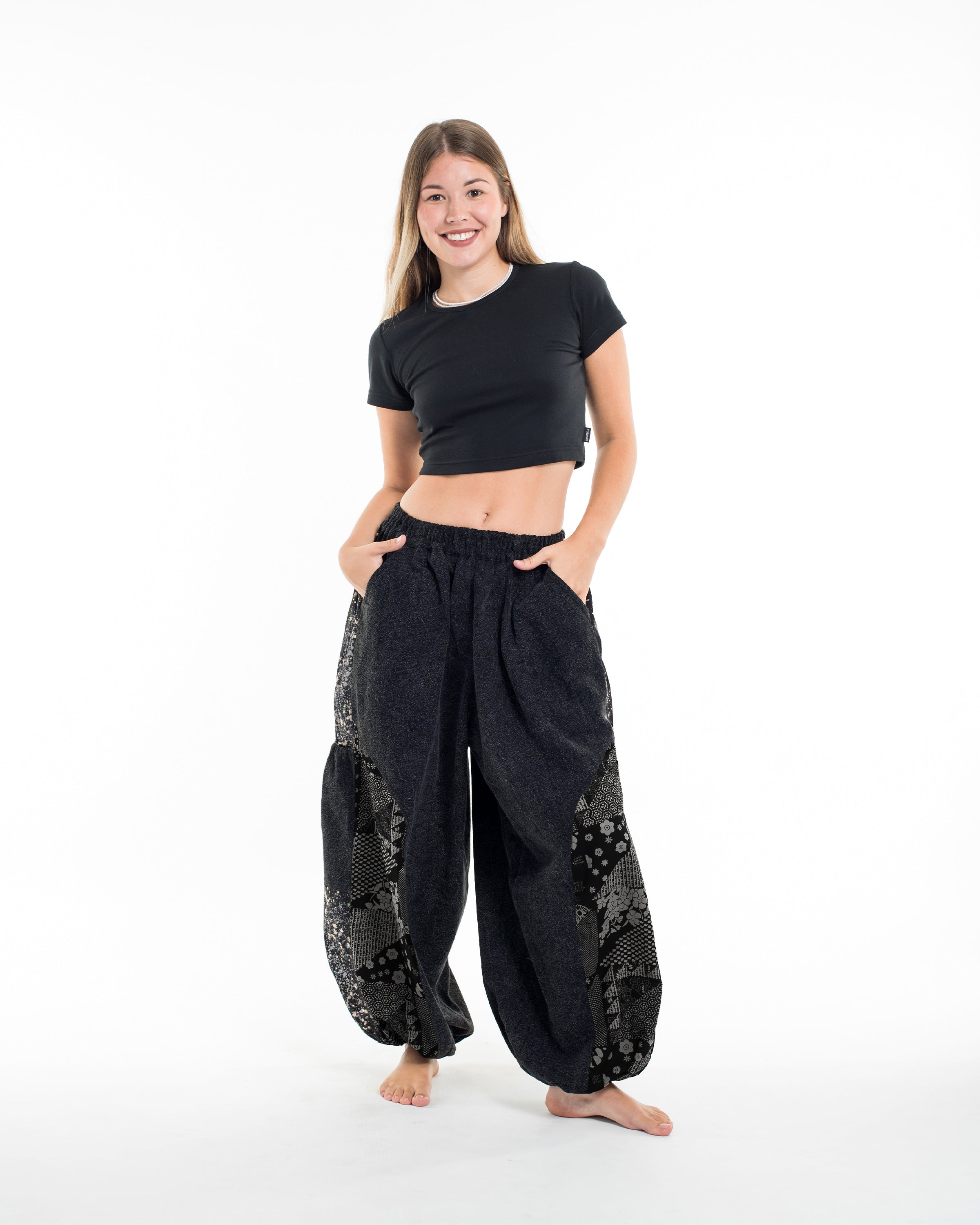 Stone Washed Patchwork Women Unisex Pants in Black