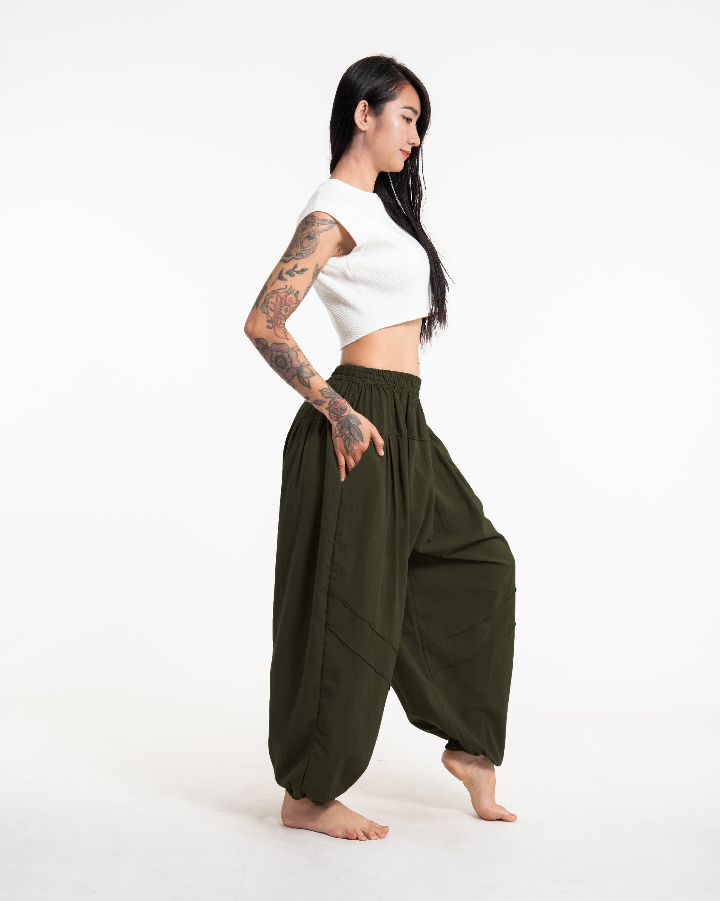 Genie Women's Cotton Harem Pants in Dark Green