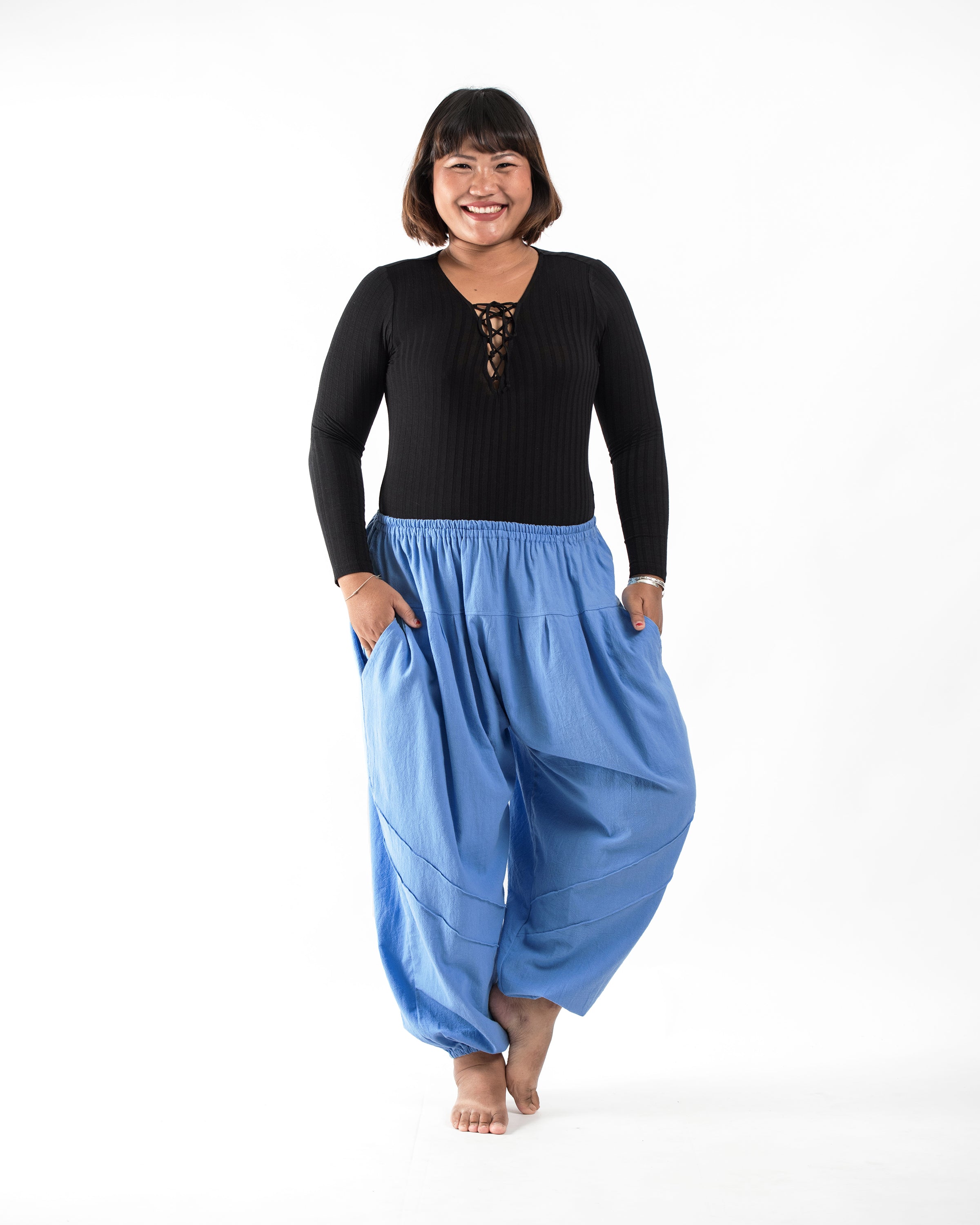 Plus Size Genie Women's Cotton Harem Pants in Light Blue