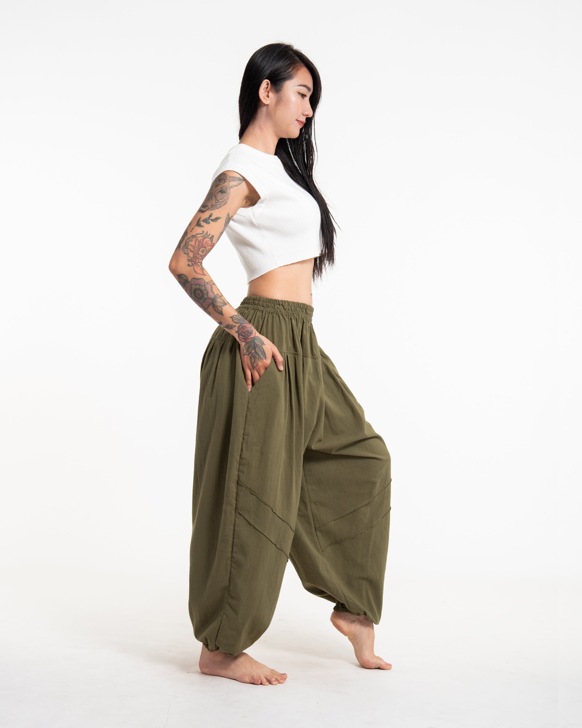 Genie Women's Cotton Harem Pants in Olive Green