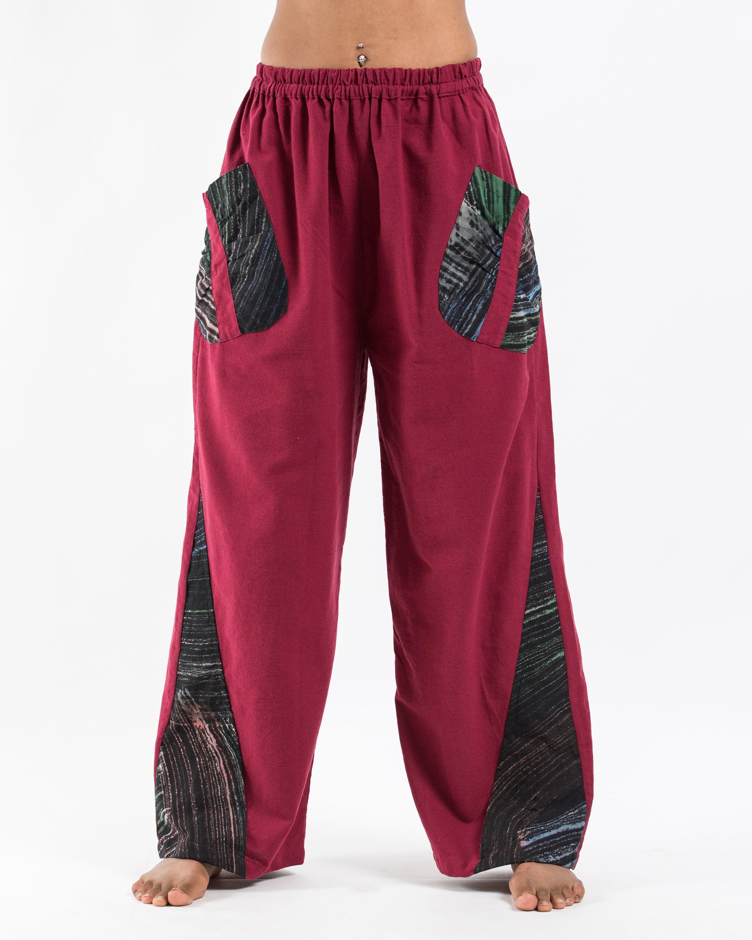 Thai Cotton Women's Pants With Hill Tribe Trim in Red