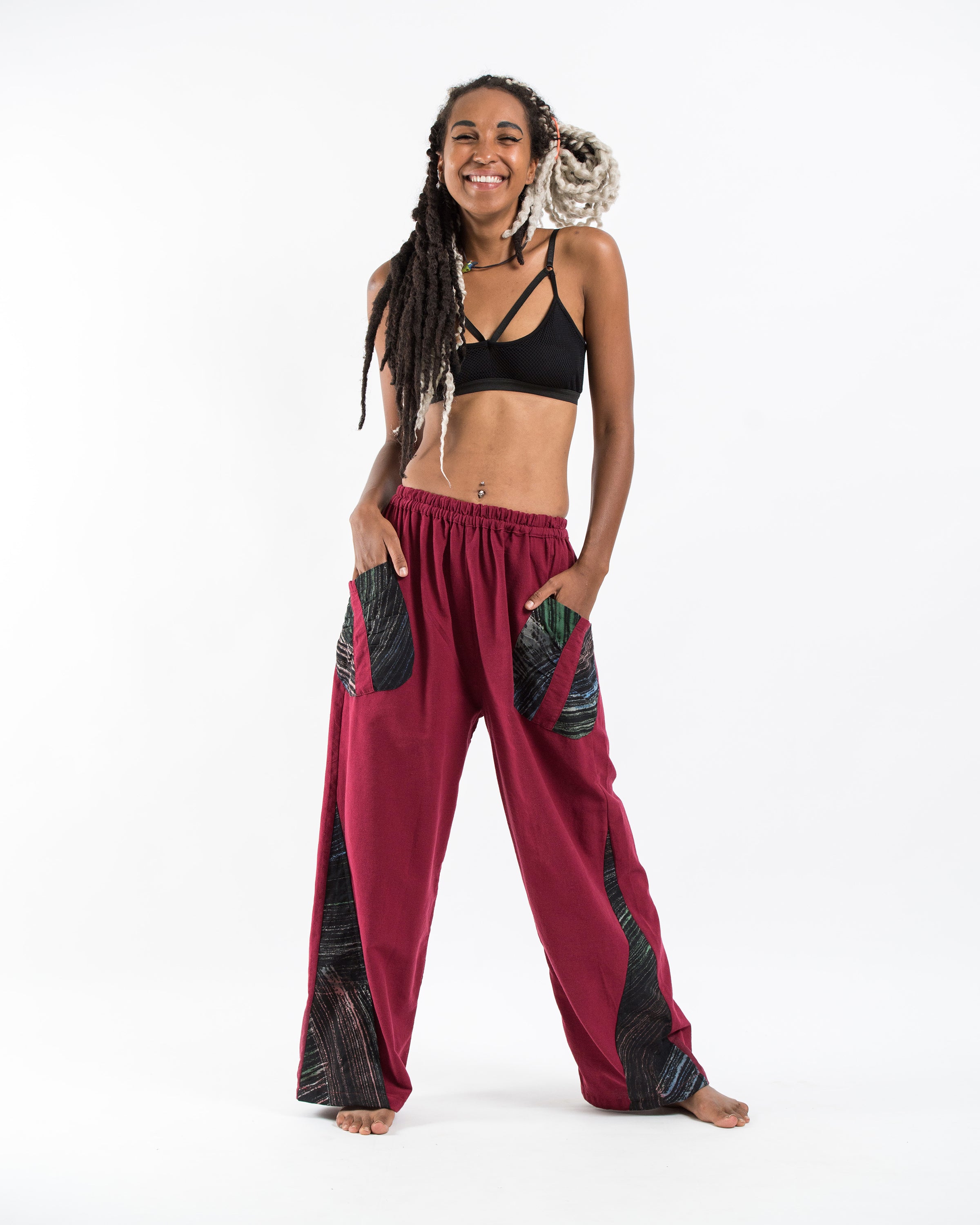 Thai Cotton Women's Pants With Hill Tribe Trim in Red