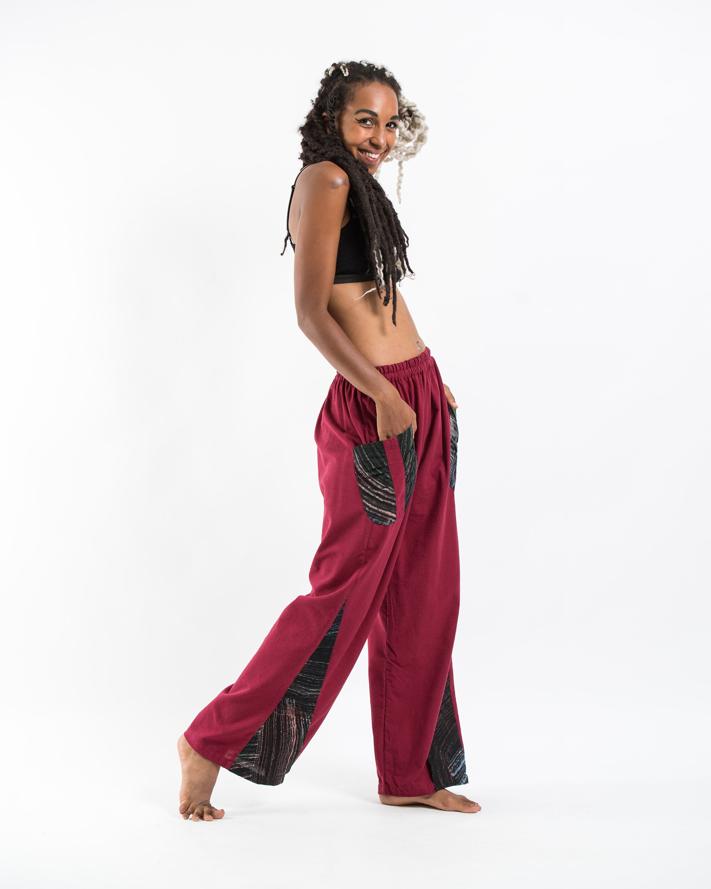 Thai Cotton Women's Pants With Hill Tribe Trim in Red