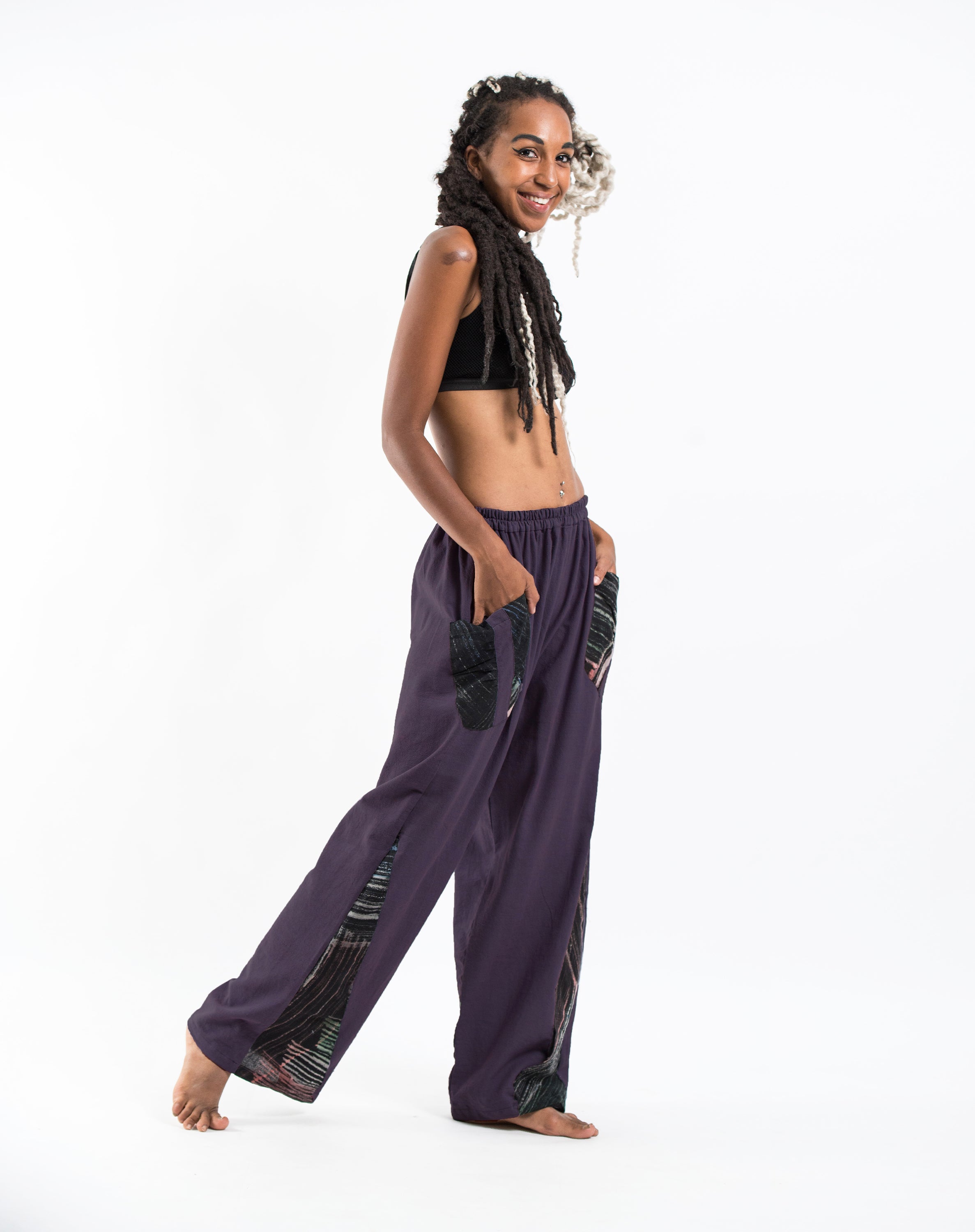 Thai Cotton Women's Pants With Hill Tribe Trim in Violet