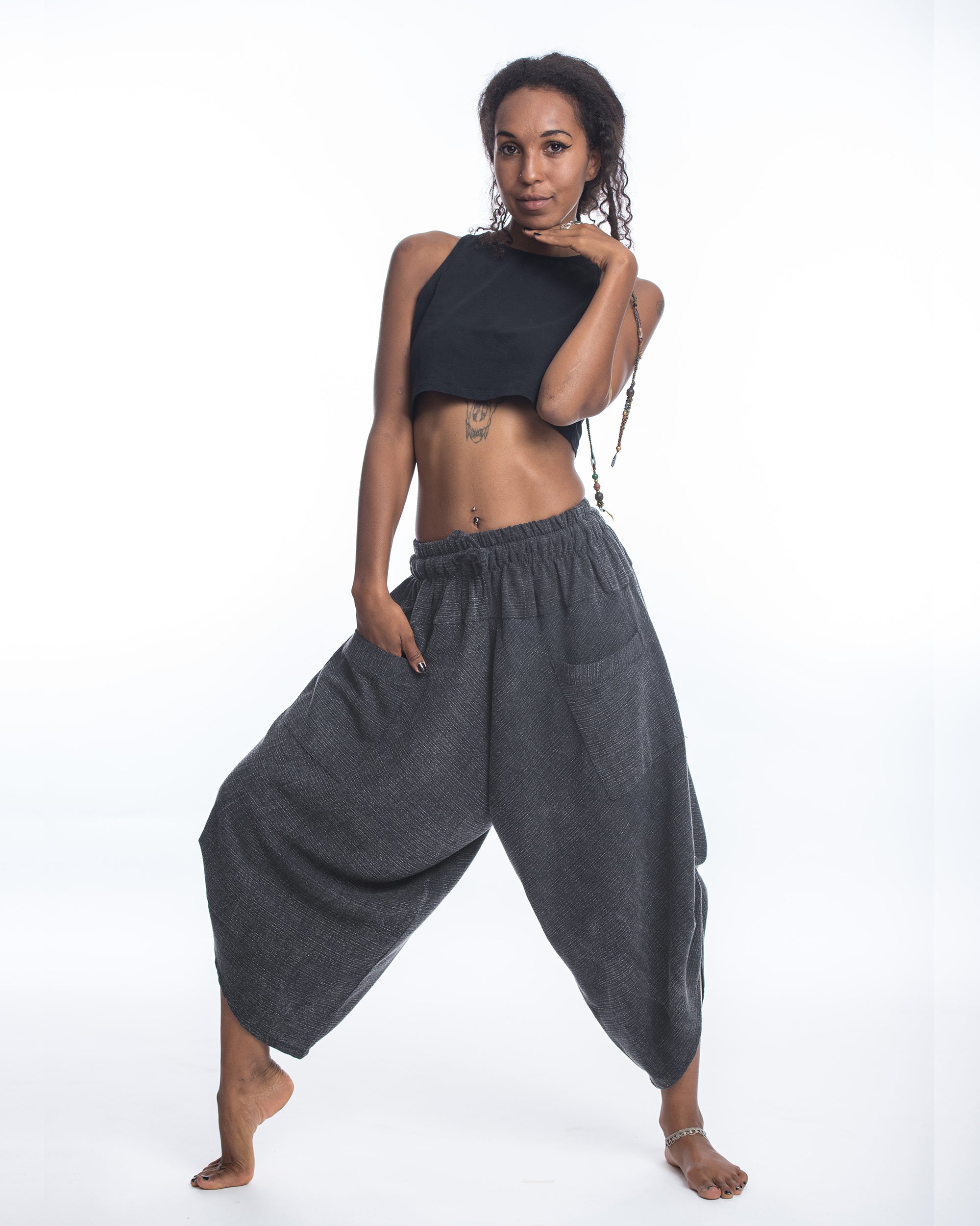 Stone Washed Large Pockets Women's Harem Pants in Black