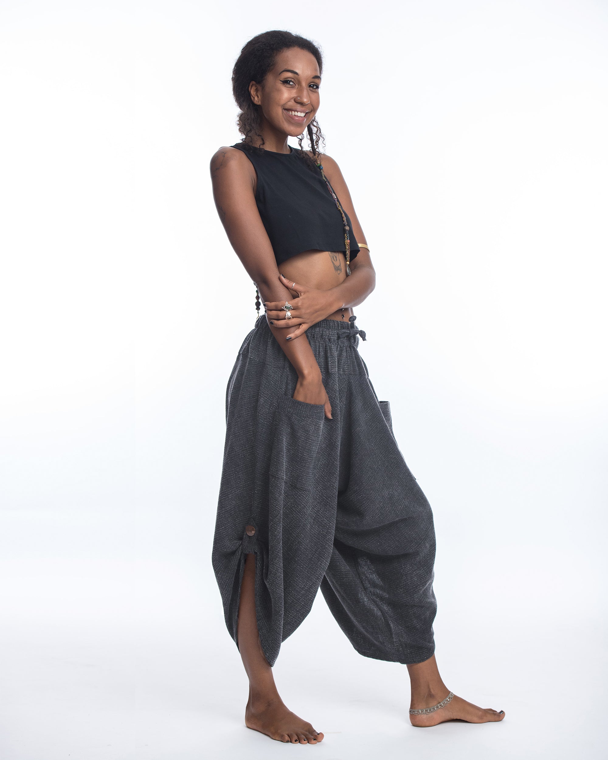 Stone Washed Large Pockets Women's Harem Pants in Black