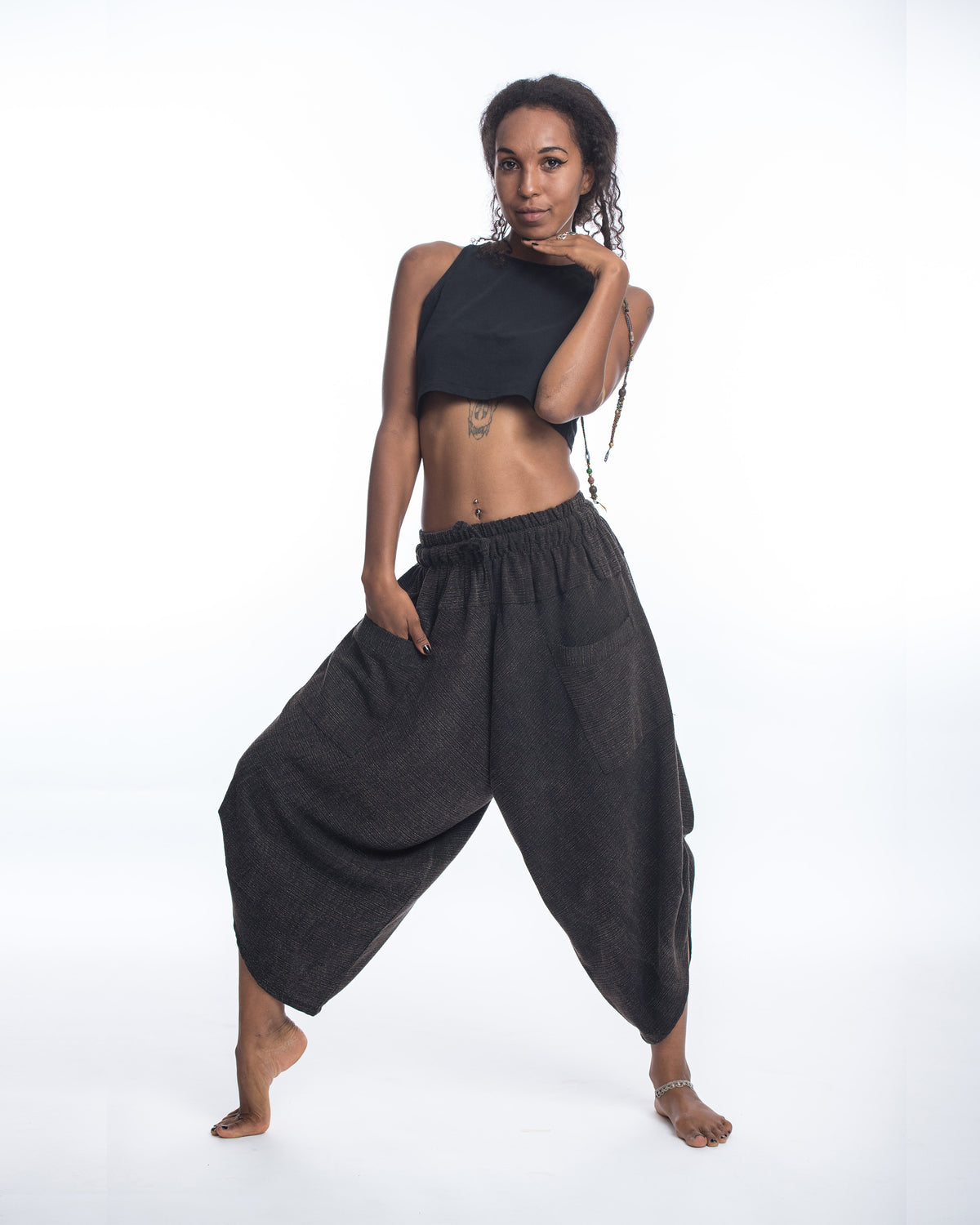 Stone Washed Large Pockets Women's Harem Pants in Black