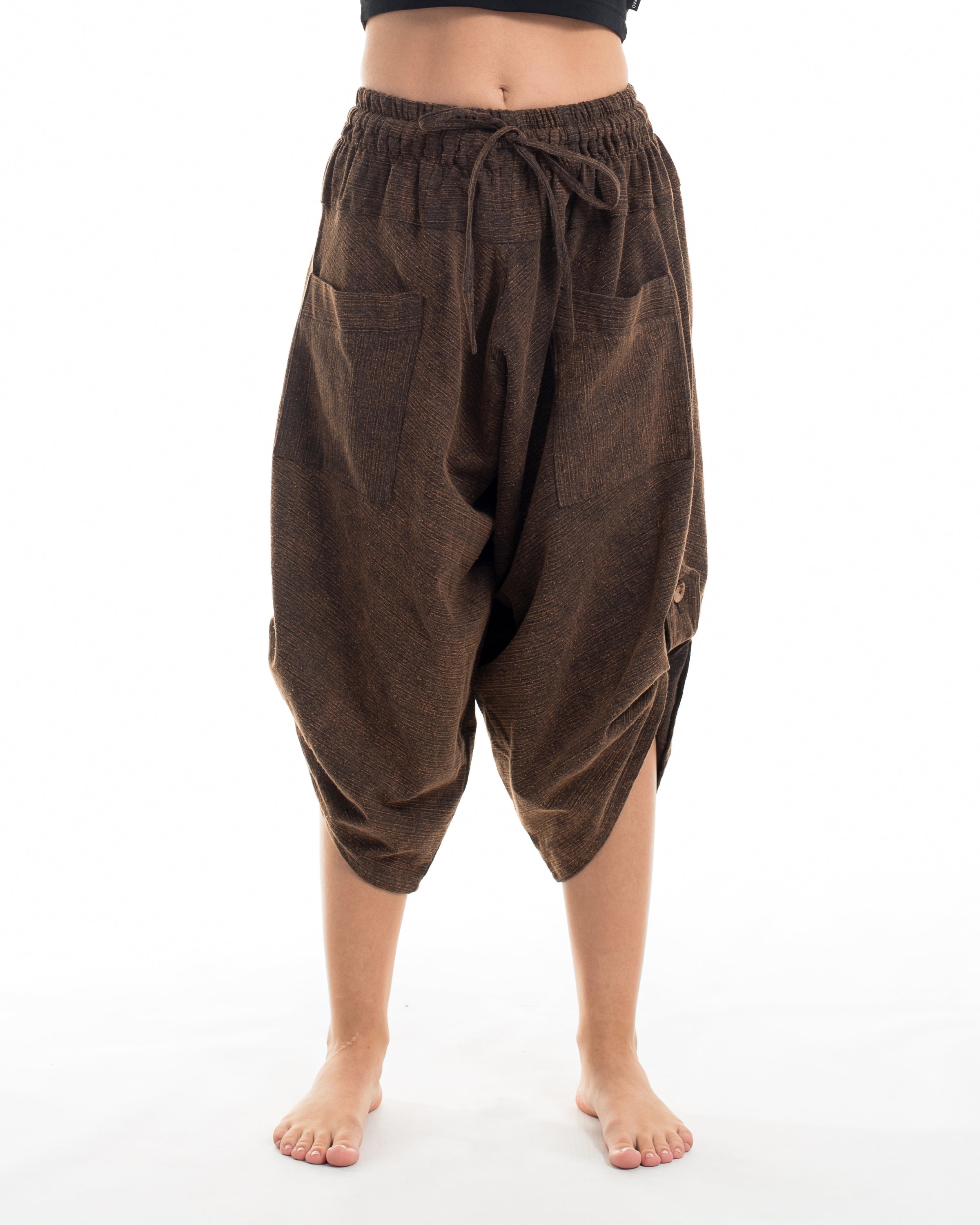 Stone Washed Large Pockets Women's Harem Pants in Brown