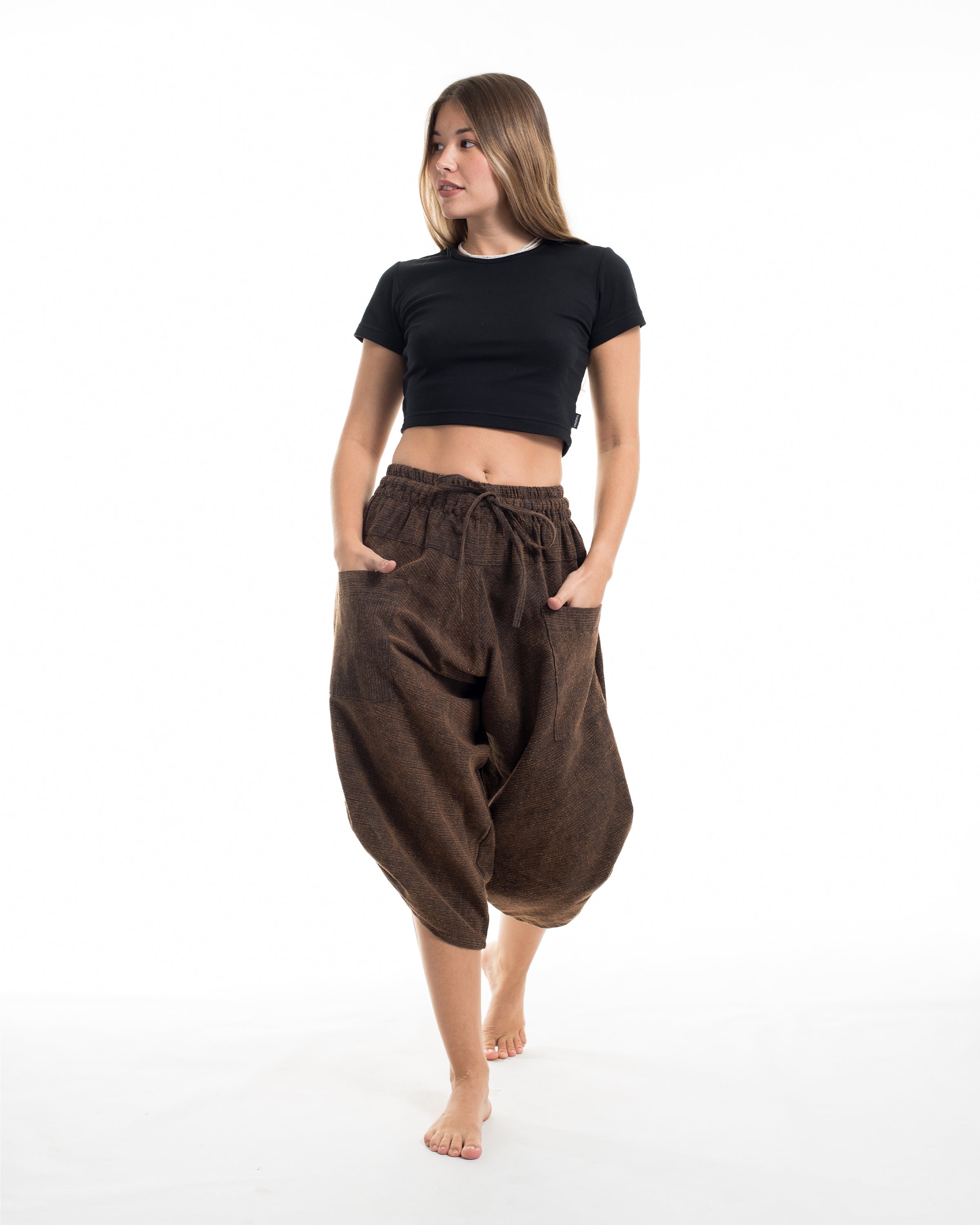 Stone Washed Large Pockets Women's Harem Pants in Brown