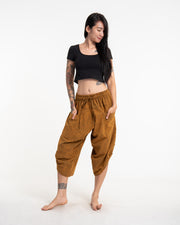 Stone Washed Large Pockets Women's Harem Pants in Brown Gold