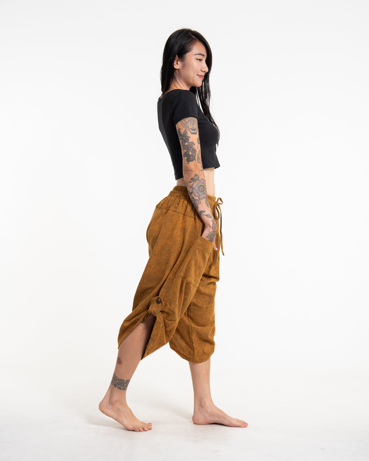 Stone Washed Large Pockets Women's Harem Pants in Brown Gold