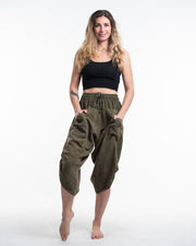 Stone Washed Large Pockets Women's Harem Pants in Olive