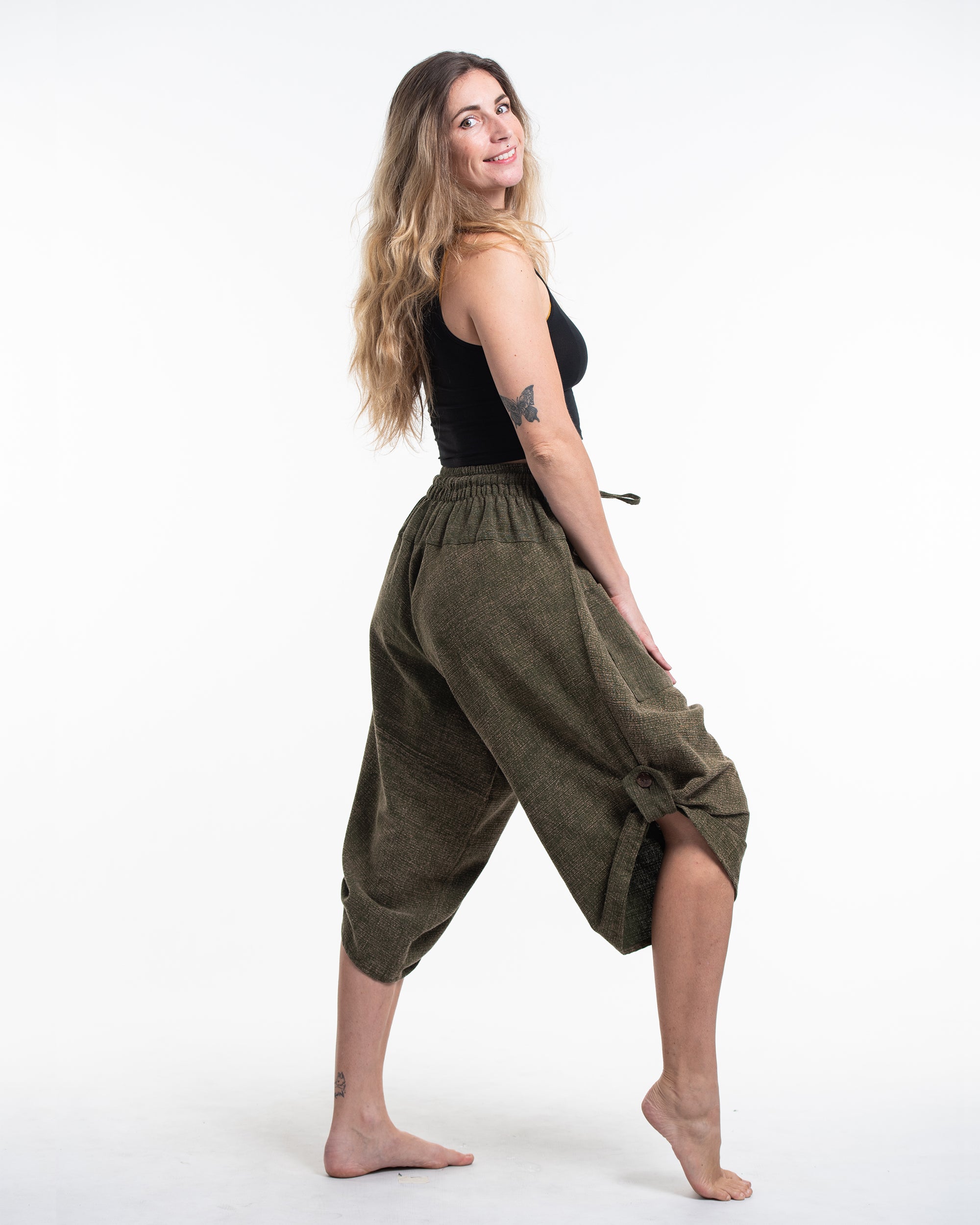Stone Washed Large Pockets Women's Harem Pants in Olive