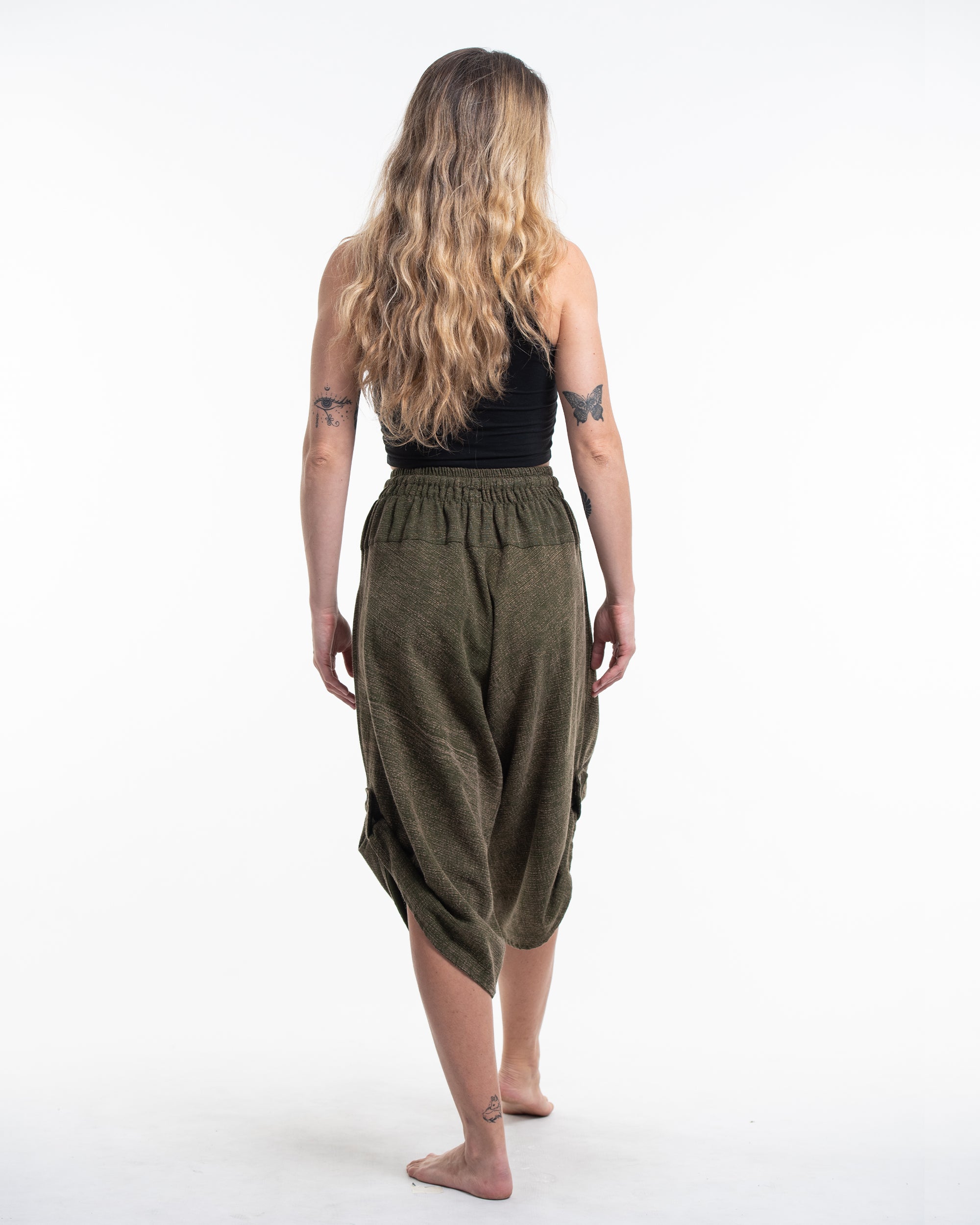 Stone Washed Large Pockets Women's Harem Pants in Olive