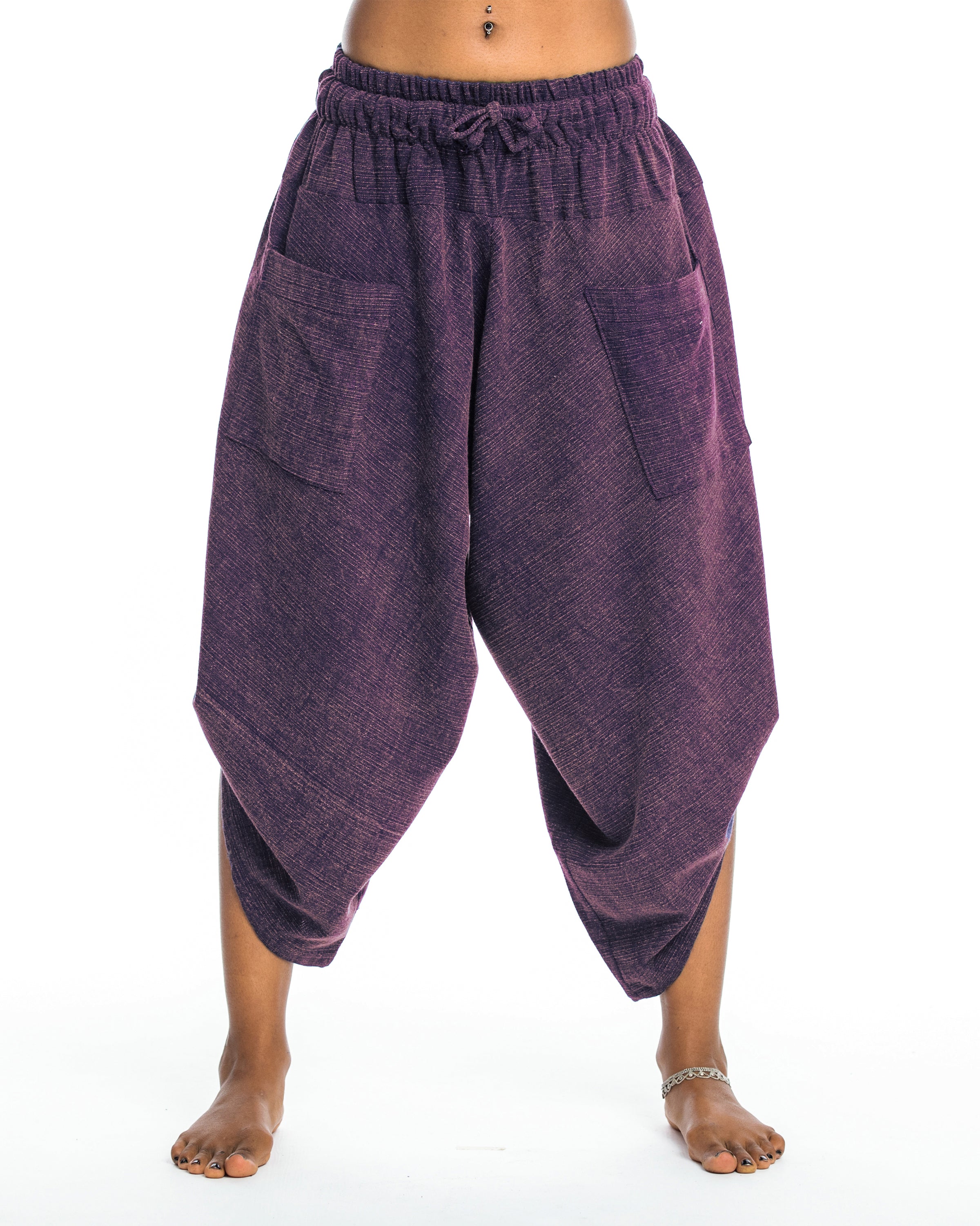 Stone Washed Large Pockets Women's Harem Pants in Purple