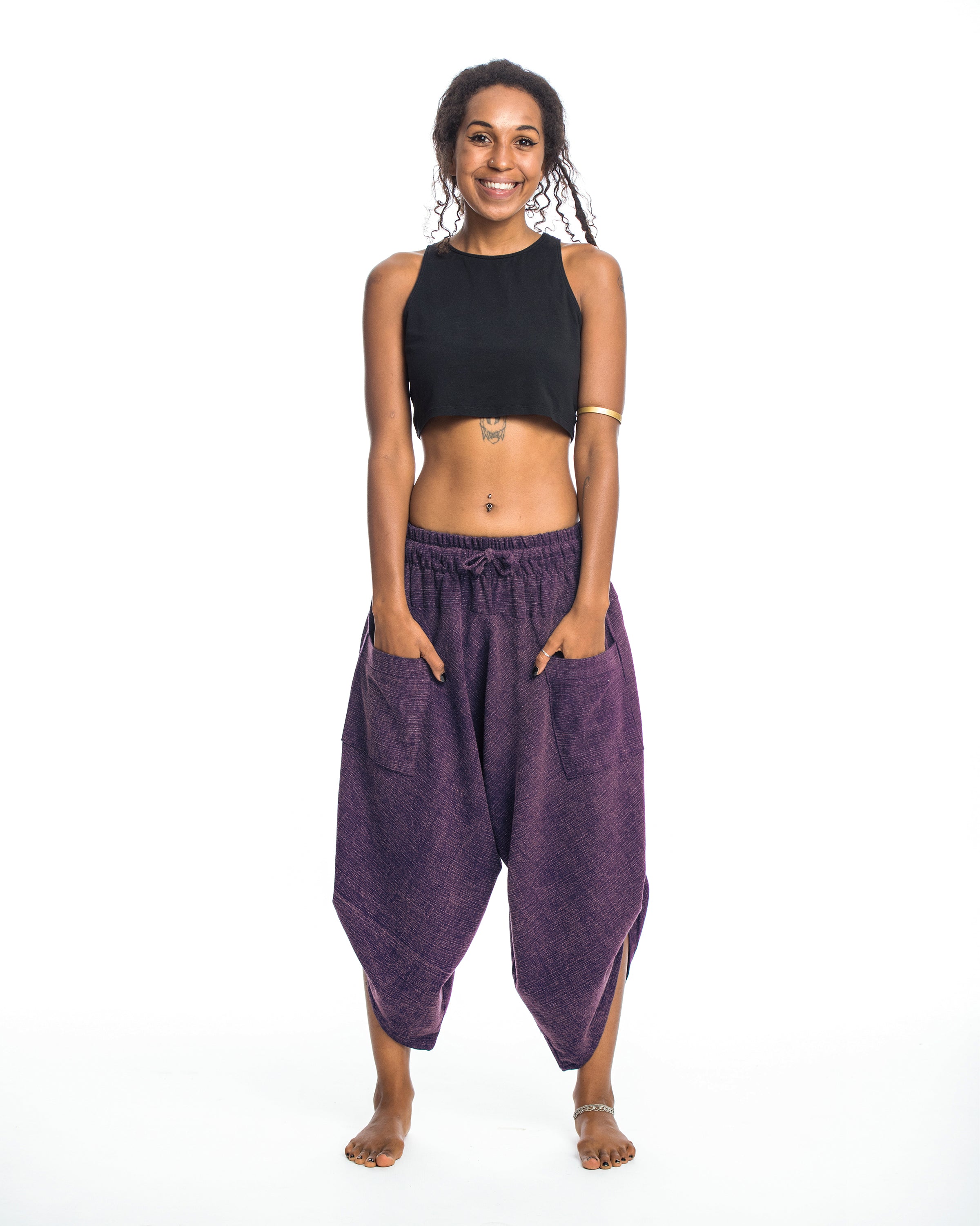 Stone Washed Large Pockets Women's Harem Pants in Purple