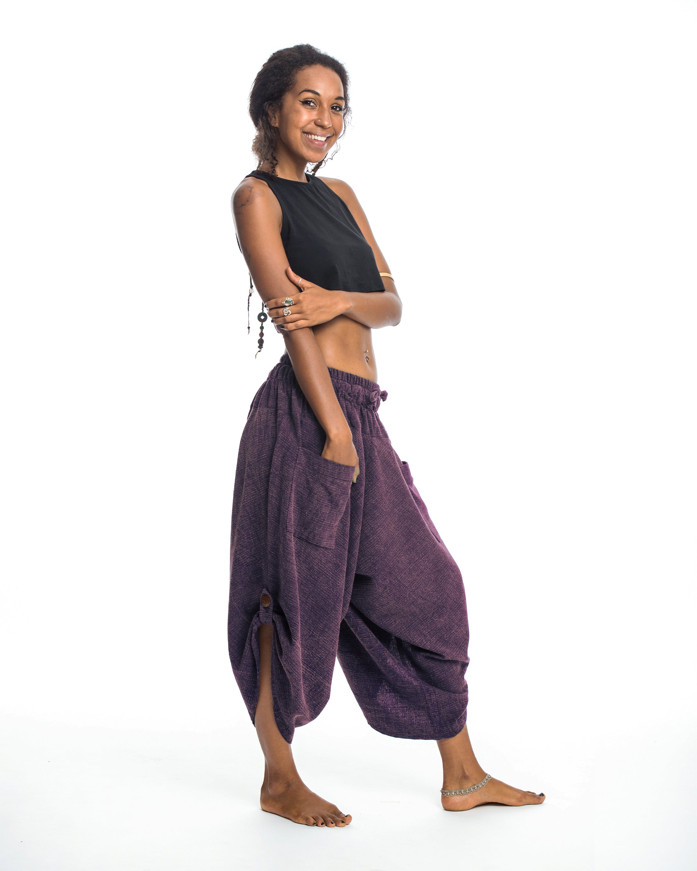 Stone Washed Large Pockets Women's Harem Pants in Purple