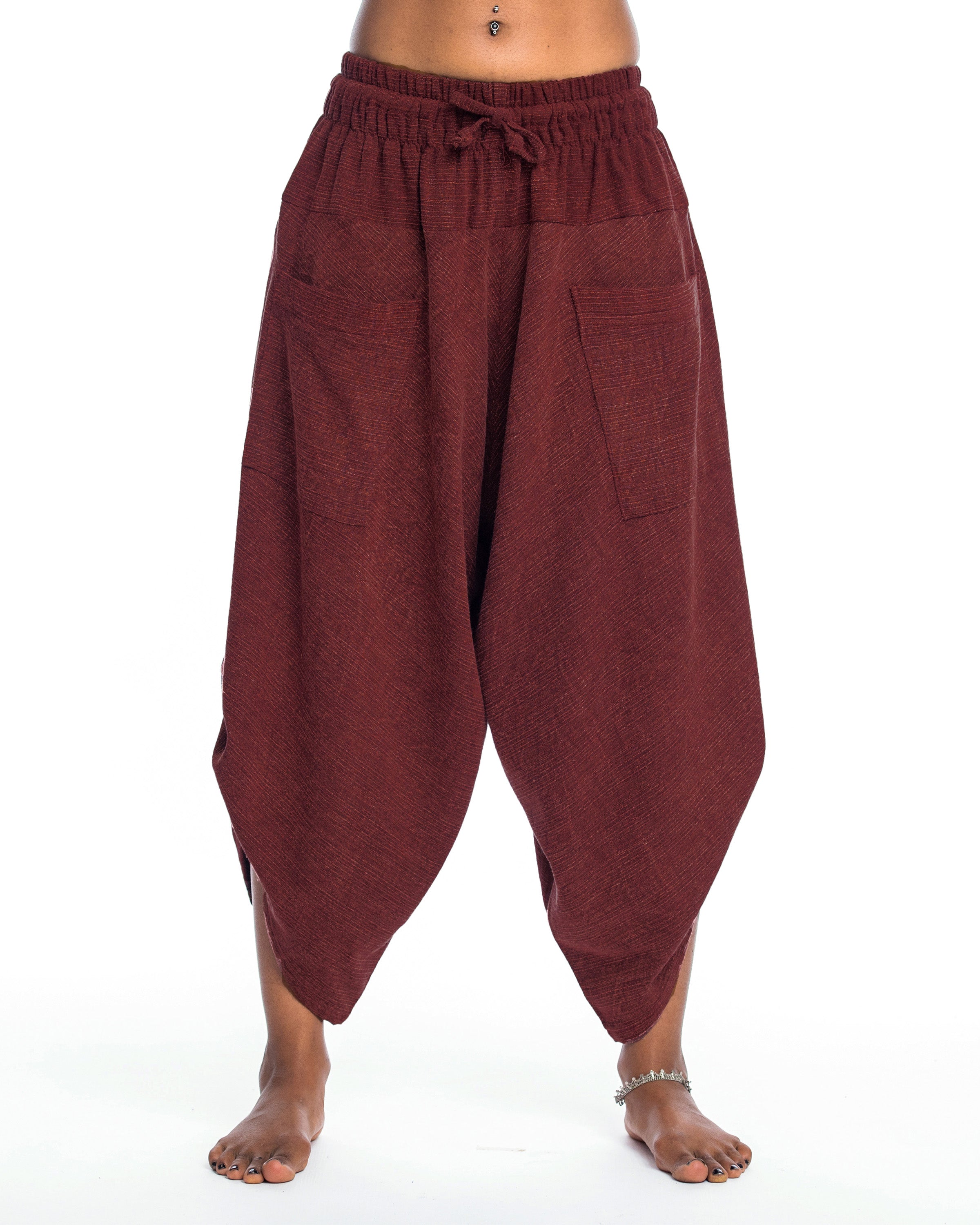 Stone Washed Large Pockets Women's Harem Pants in Red