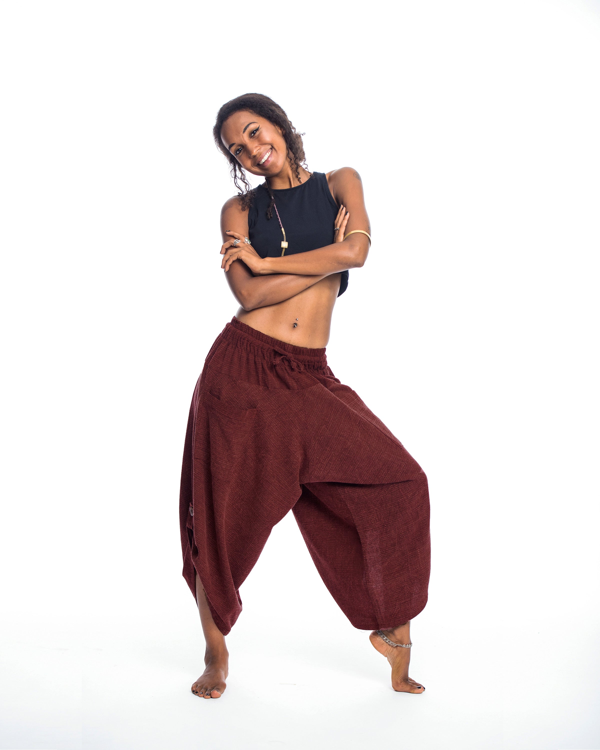 Stone Washed Large Pockets Women's Harem Pants in Red