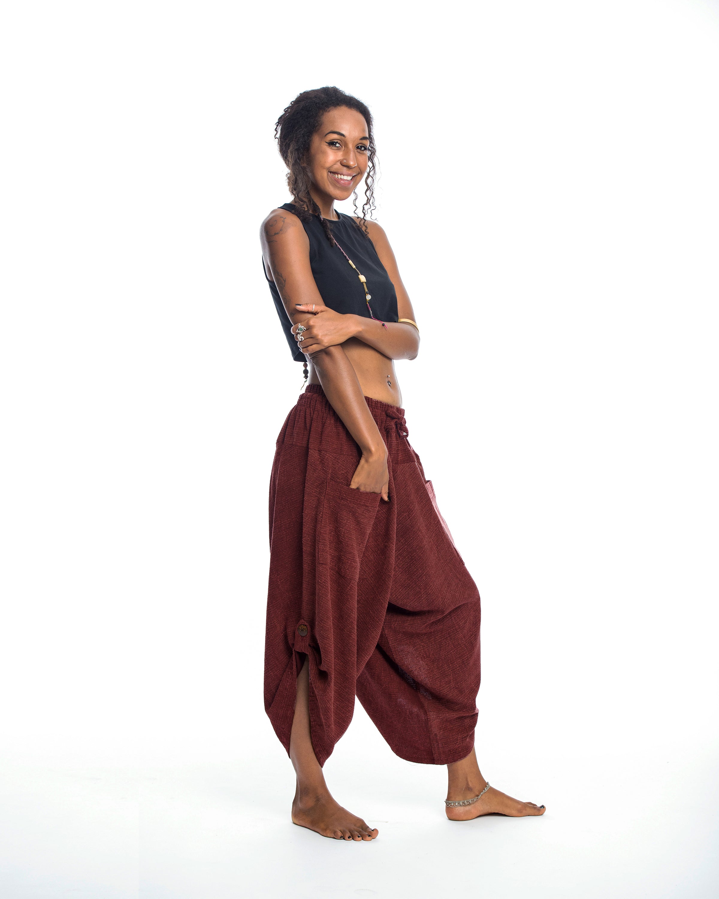 Stone Washed Large Pockets Women's Harem Pants in Red