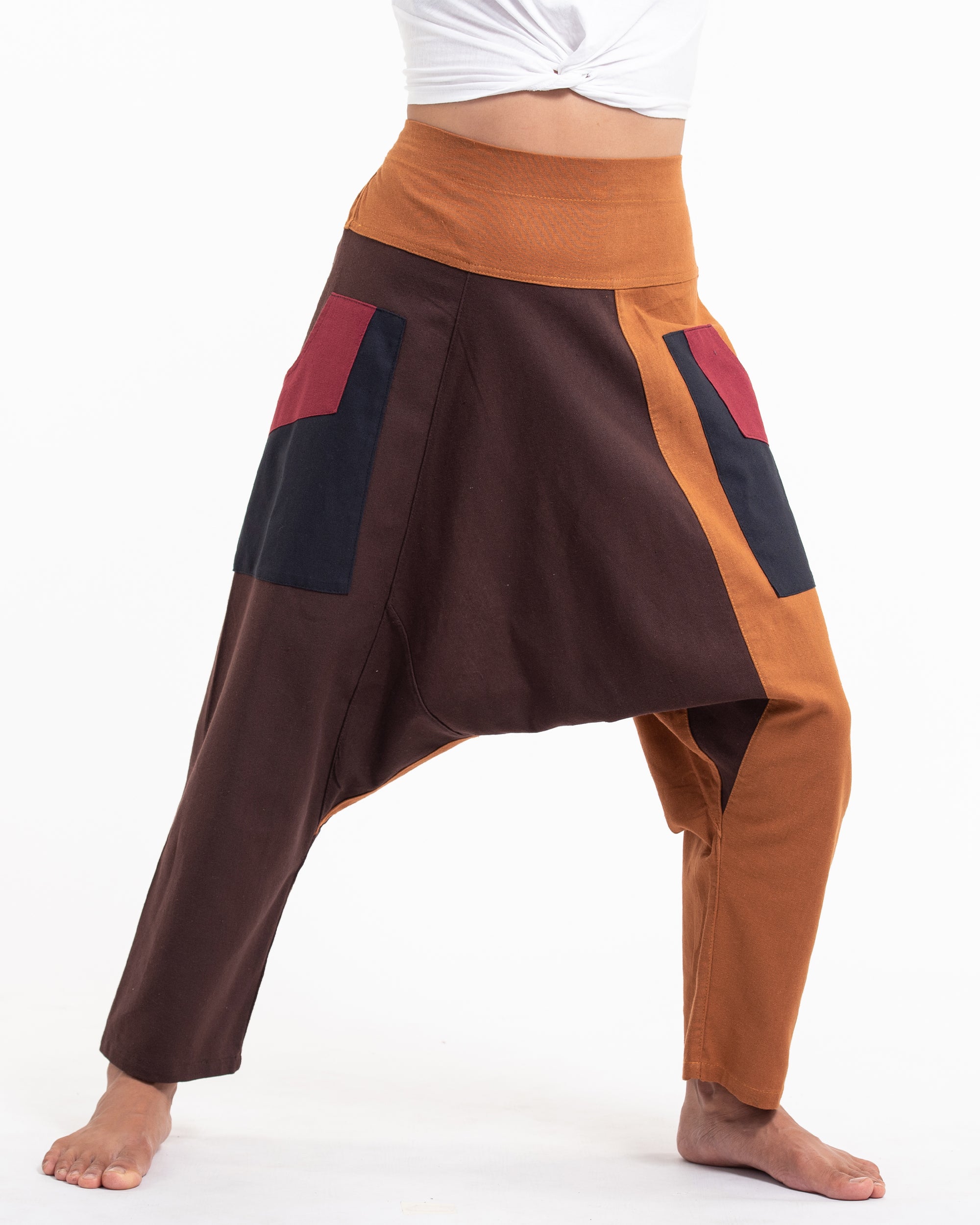 Patchwork Cotton Women's Harem Pants in Brown