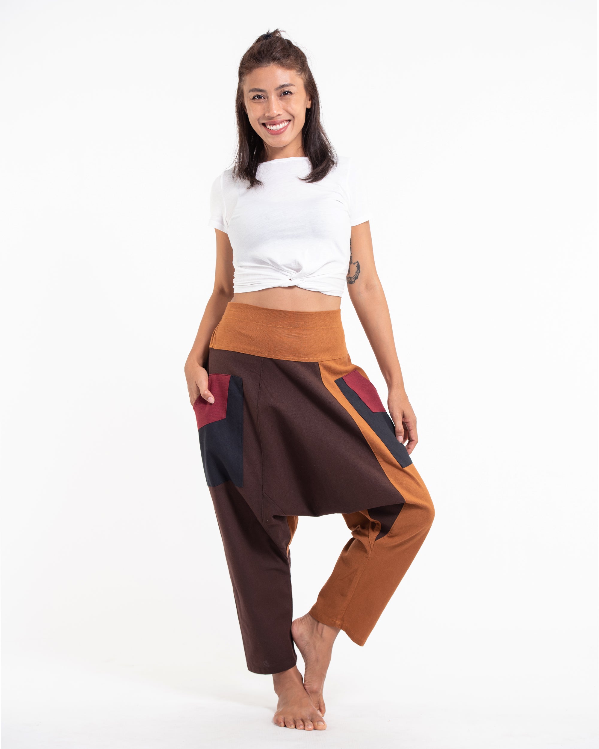 Patchwork Cotton Women's Harem Pants in Brown