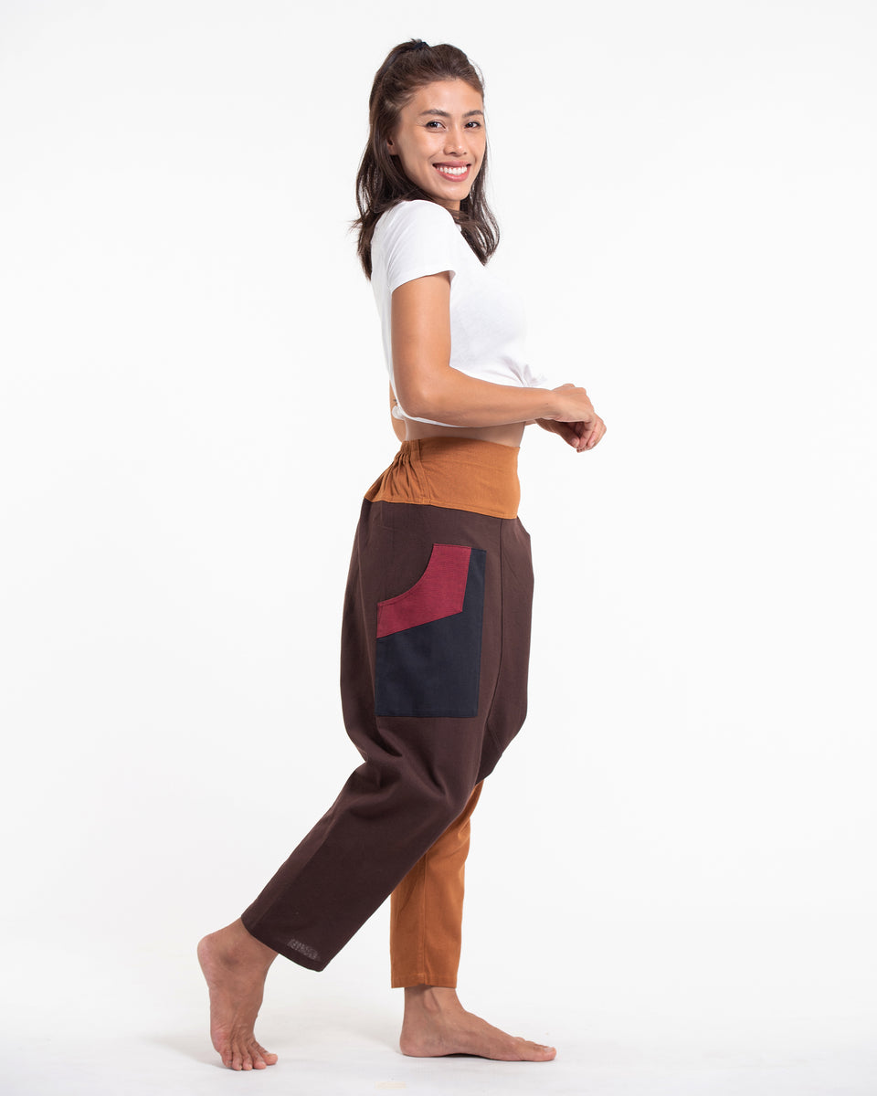 Patchwork Cotton Women's Harem Pants in Brown
