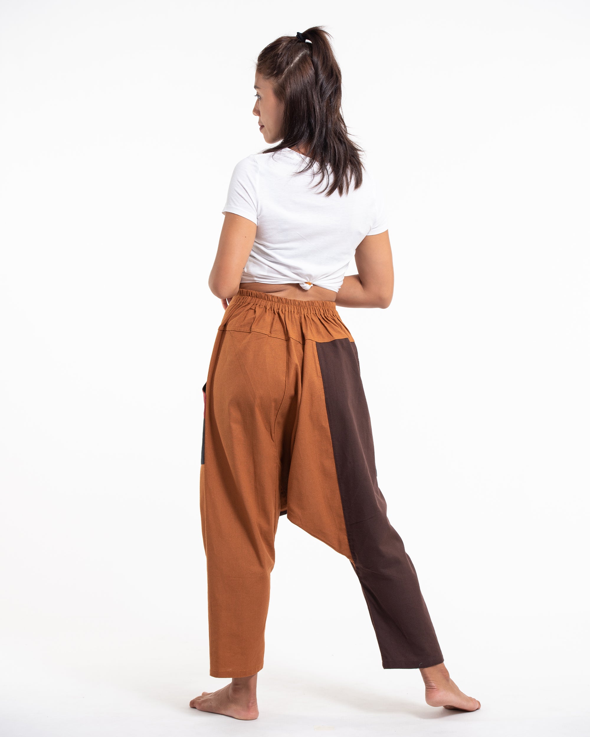 Patchwork Cotton Women's Harem Pants in Brown