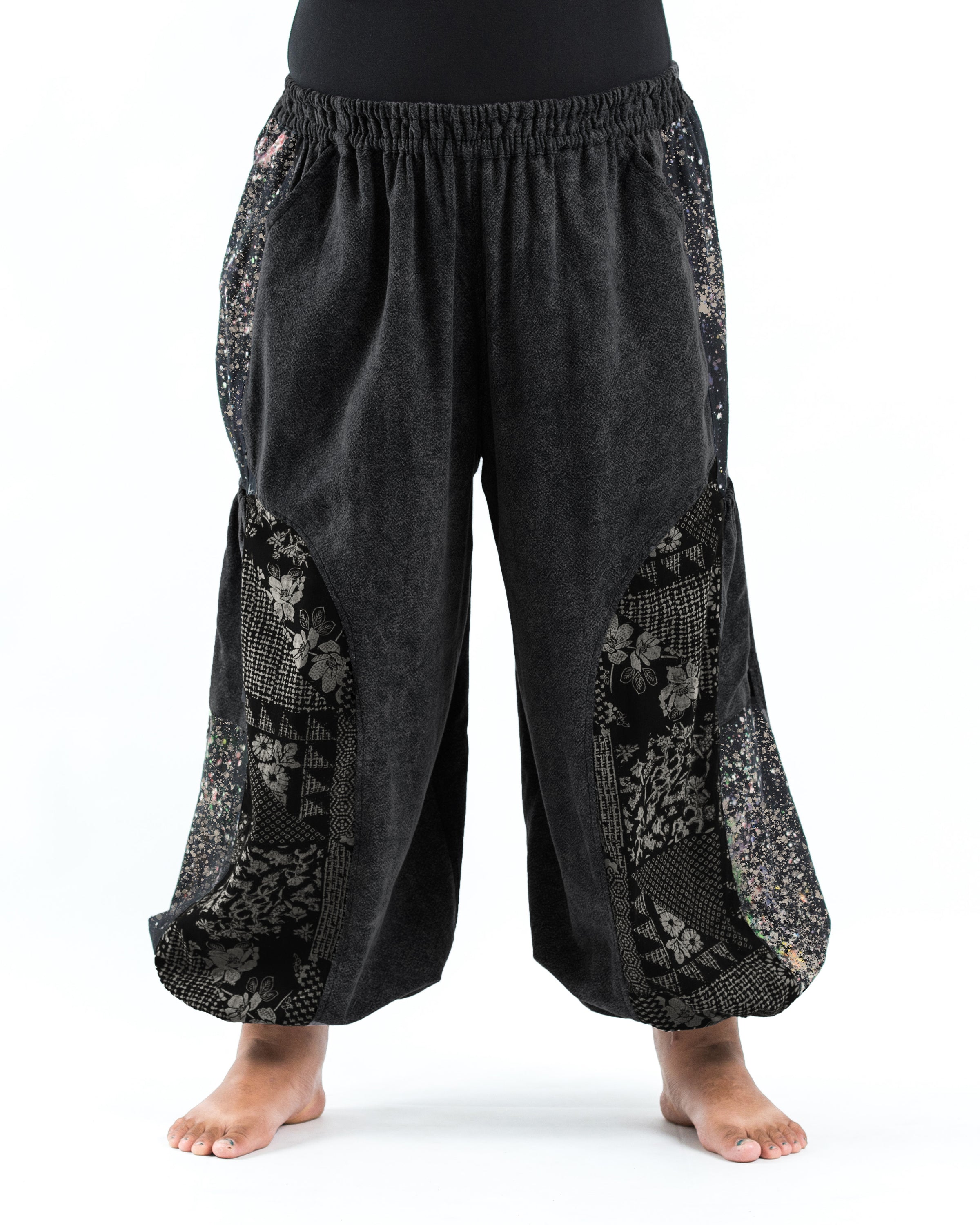 Plus Size Stone Washed Patchwork Women Unisex Pants in Black