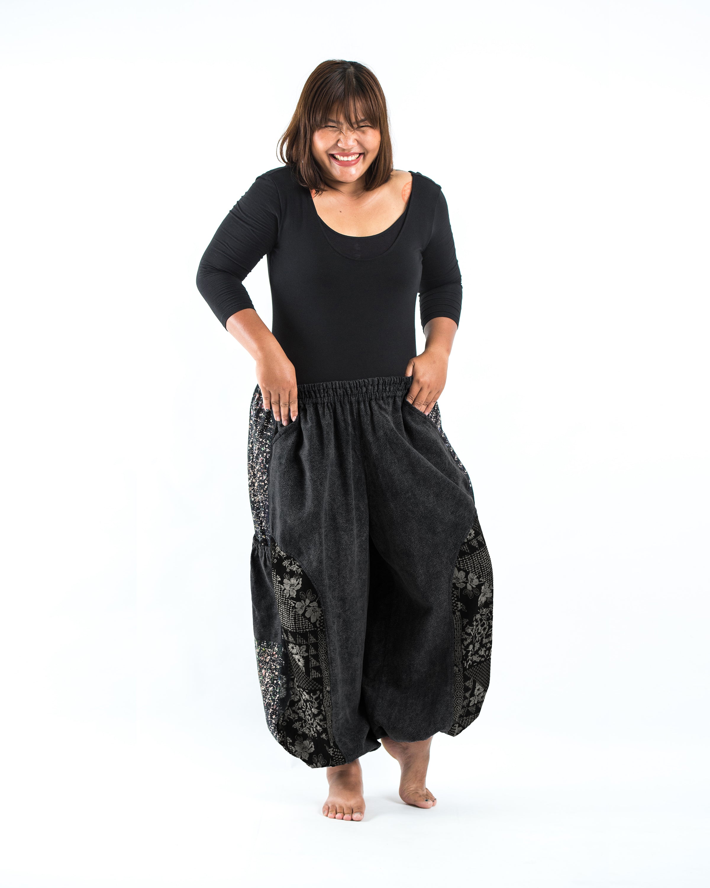 Plus Size Stone Washed Patchwork Women Unisex Pants in Black