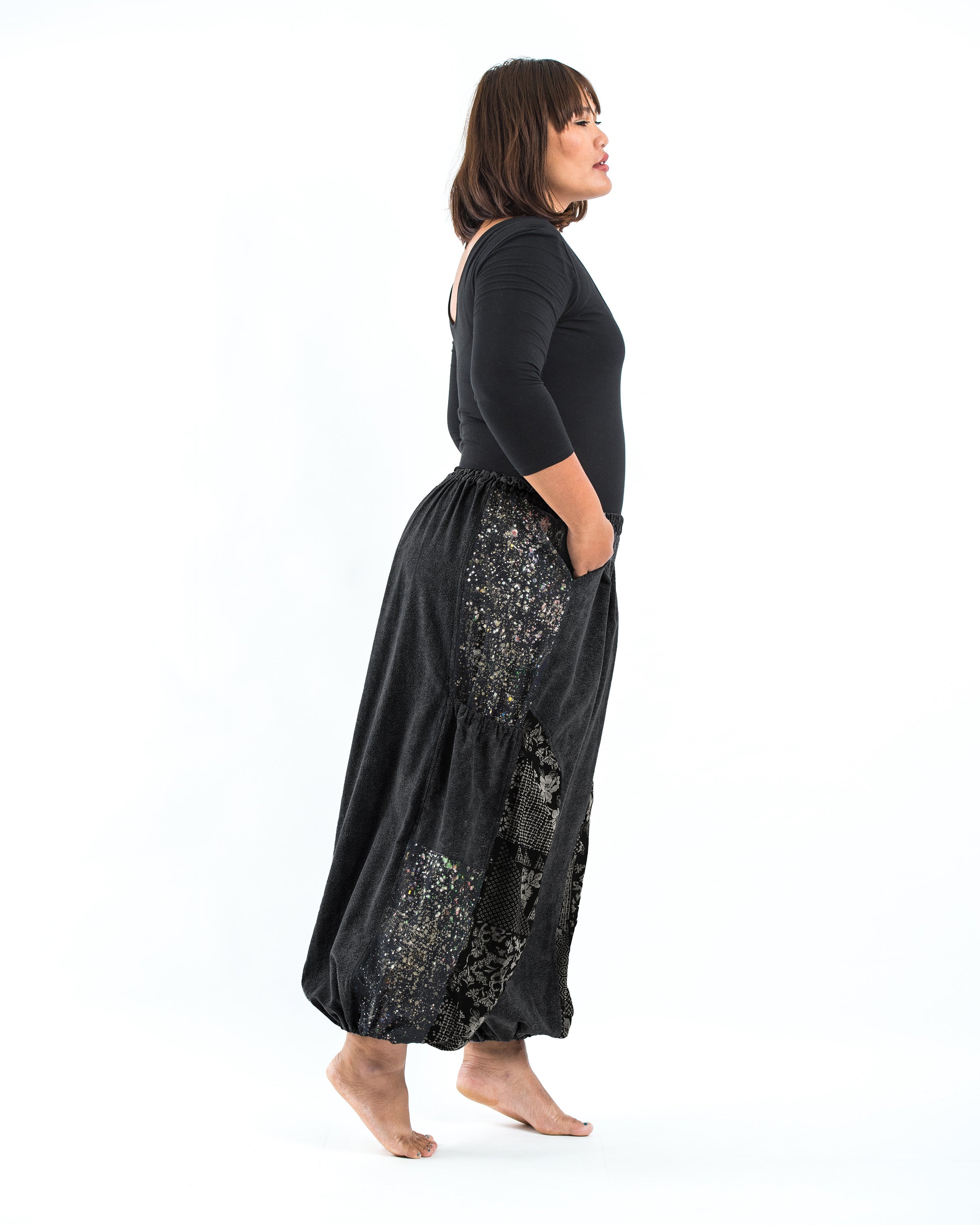 Plus Size Stone Washed Patchwork Women Unisex Pants in Black