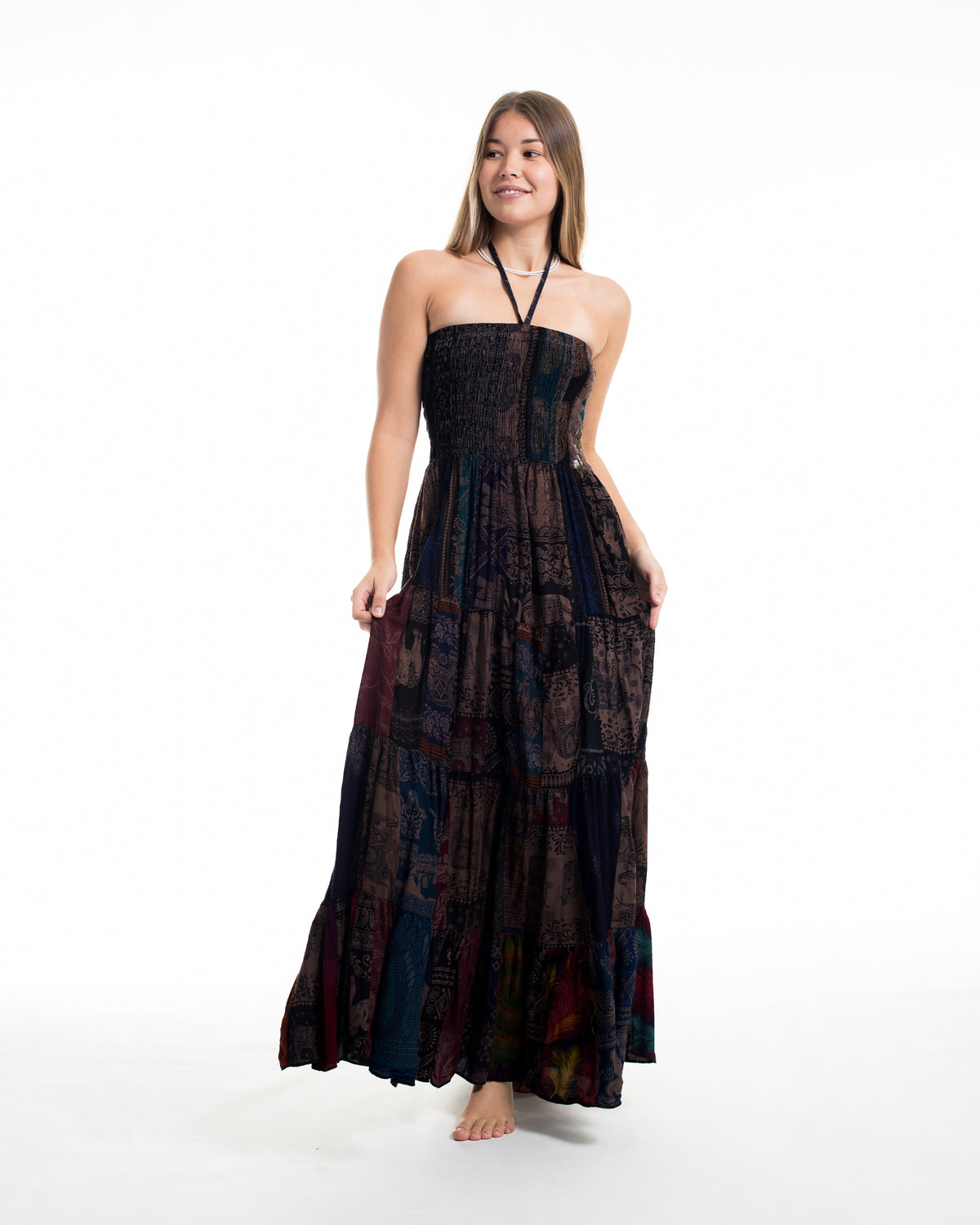 Upcycled Patchwork Multi Print Maxi Dress in Brown