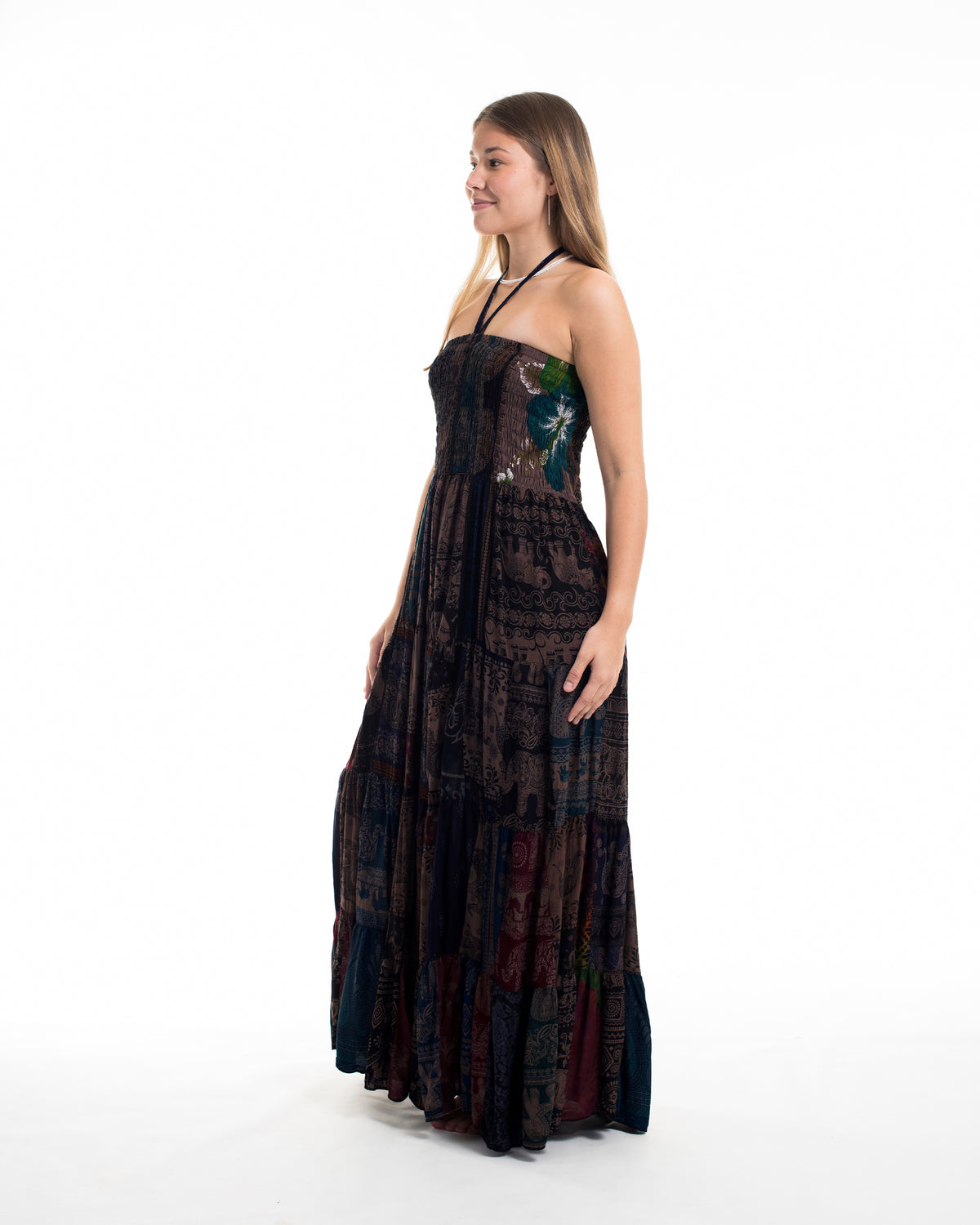 Upcycled Patchwork Multi Print Maxi Dress in Brown