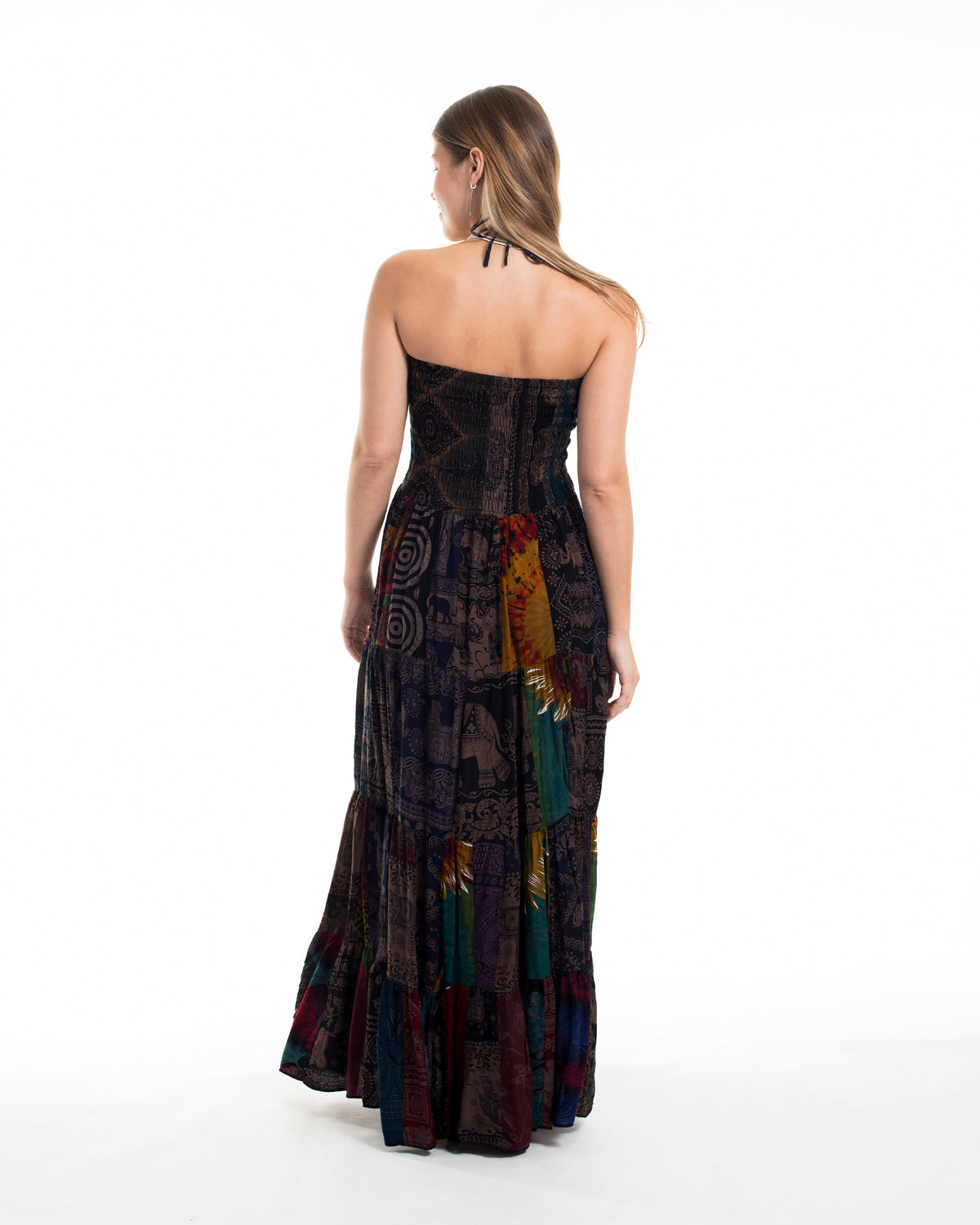 Upcycled Patchwork Multi Print Maxi Dress in Brown