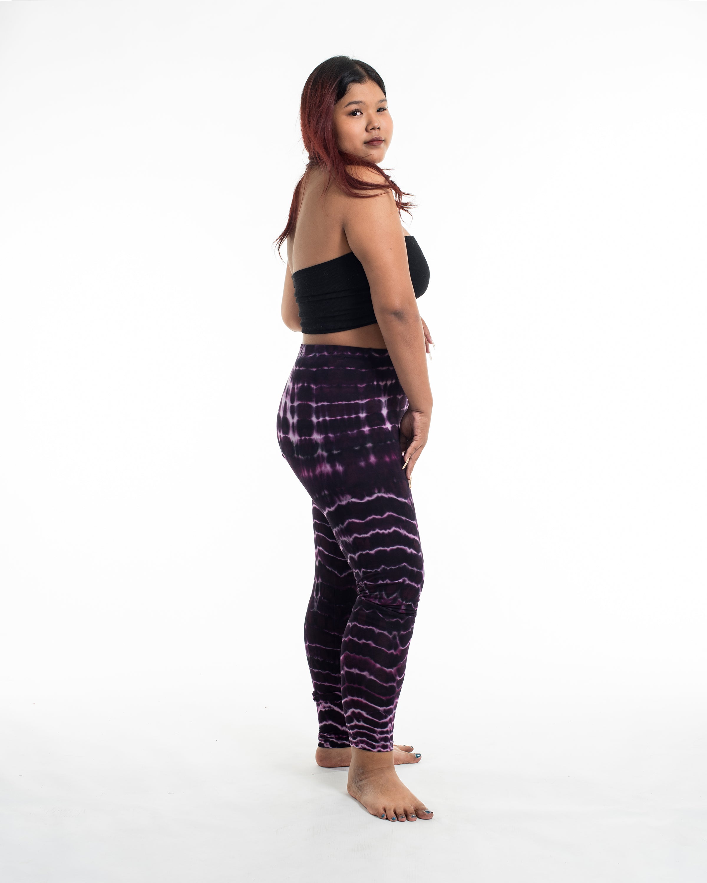 Plus Size Melting Stripes Tie Dye Cotton Leggings in Dark Purple