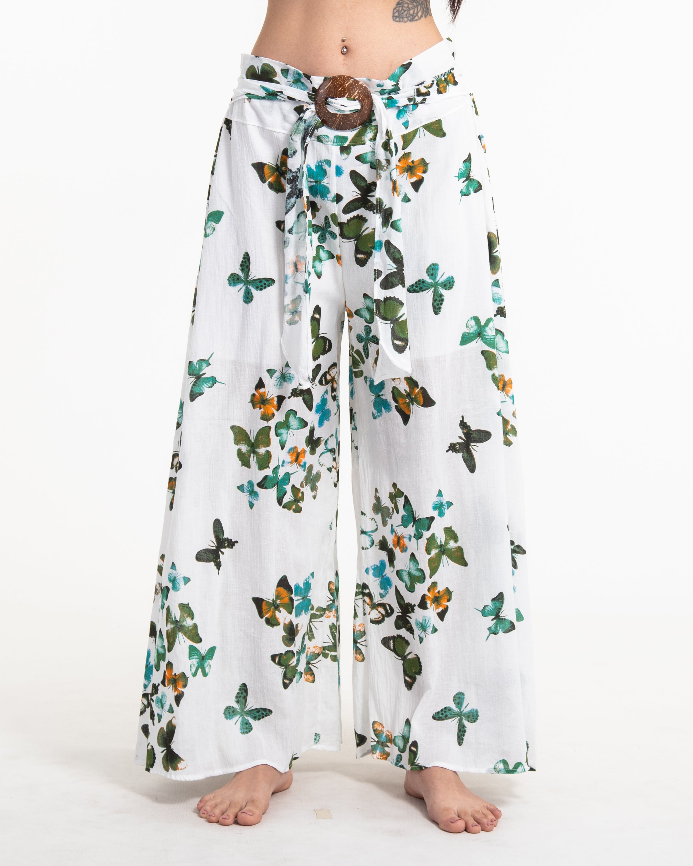 Women's Thai Harem Palazzo Pants in Butterflies Green