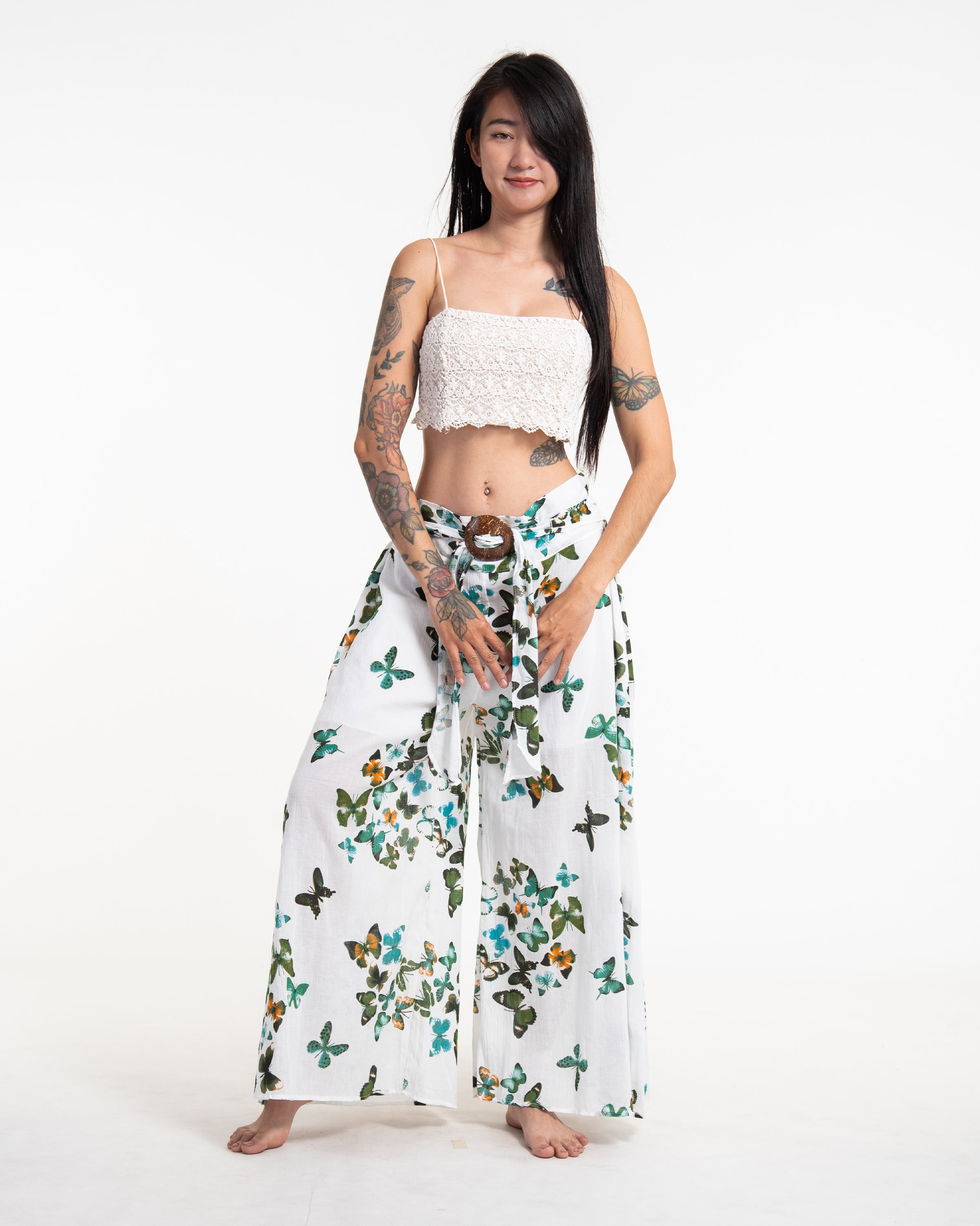 Women's Thai Harem Palazzo Pants in Butterflies Green