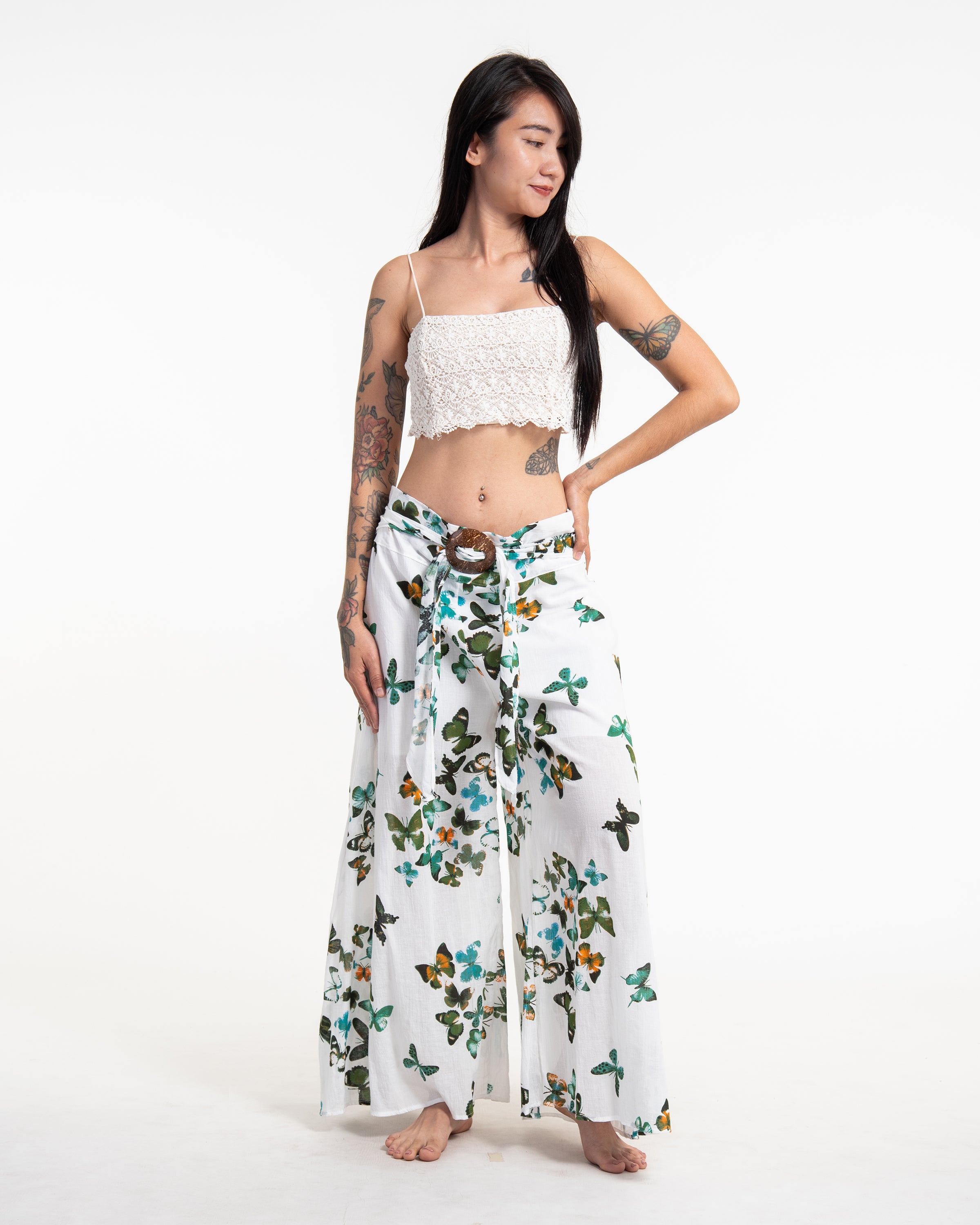 Women's Thai Harem Palazzo Pants in Butterflies Green