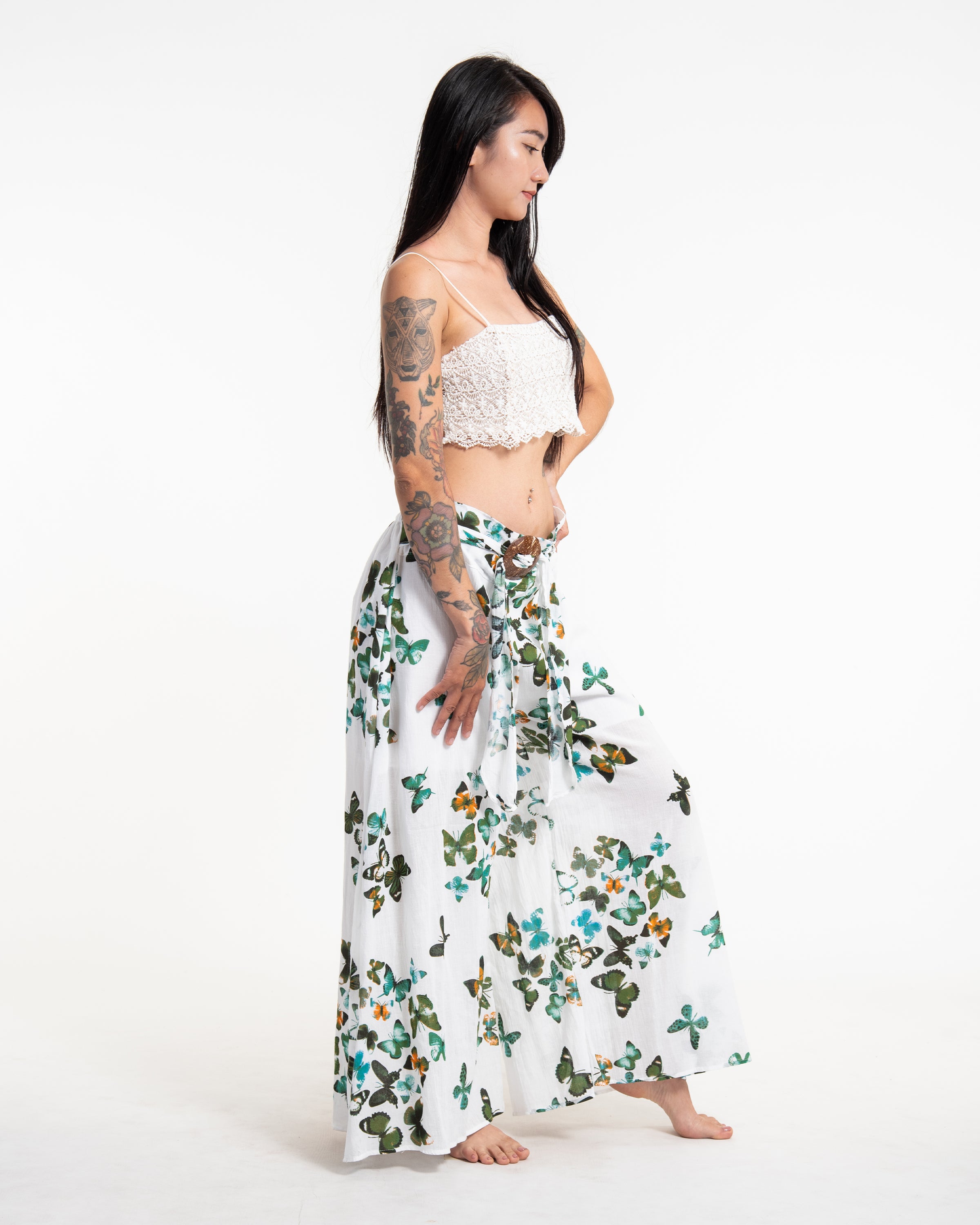 Women's Thai Harem Palazzo Pants in Butterflies Green